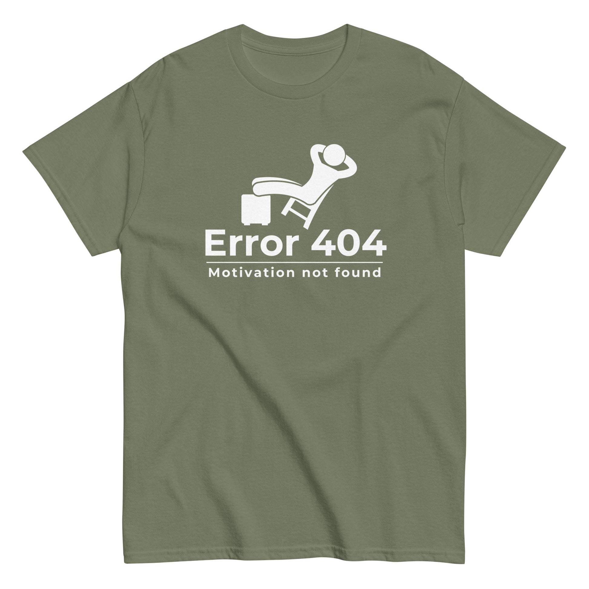 The FunnyDripStore Error 404 T-Shirt in black features a graphic of a relaxed person and the “Motivation not found” caption—perfect for showing off your laid-back mood with humor.