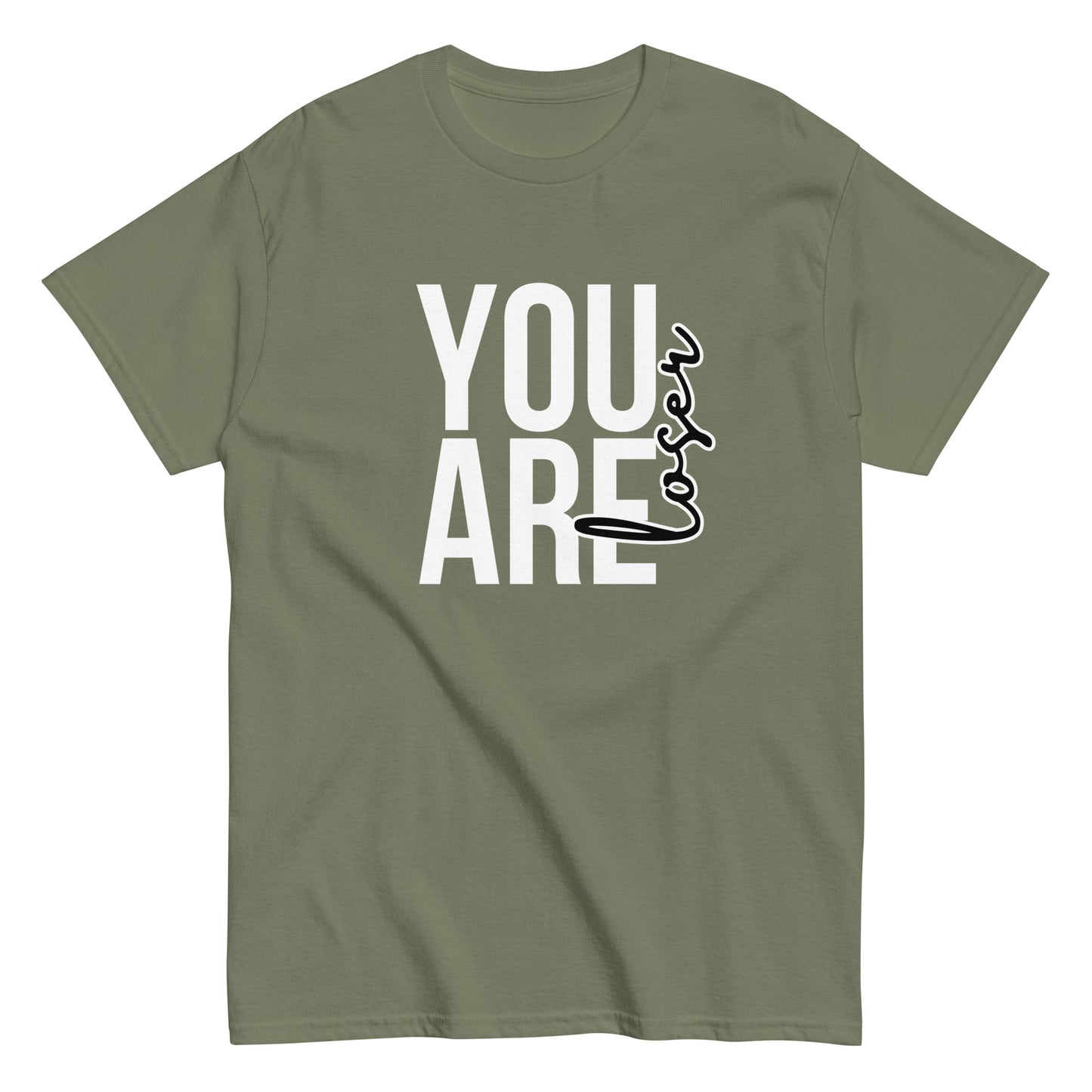The black “You Are Loser T-Shirt” by FunnyDripStore features bold white YOU ARE text with “loser” in playful cursive overlapping—a cheeky, uplifting take on classic funny tees.
