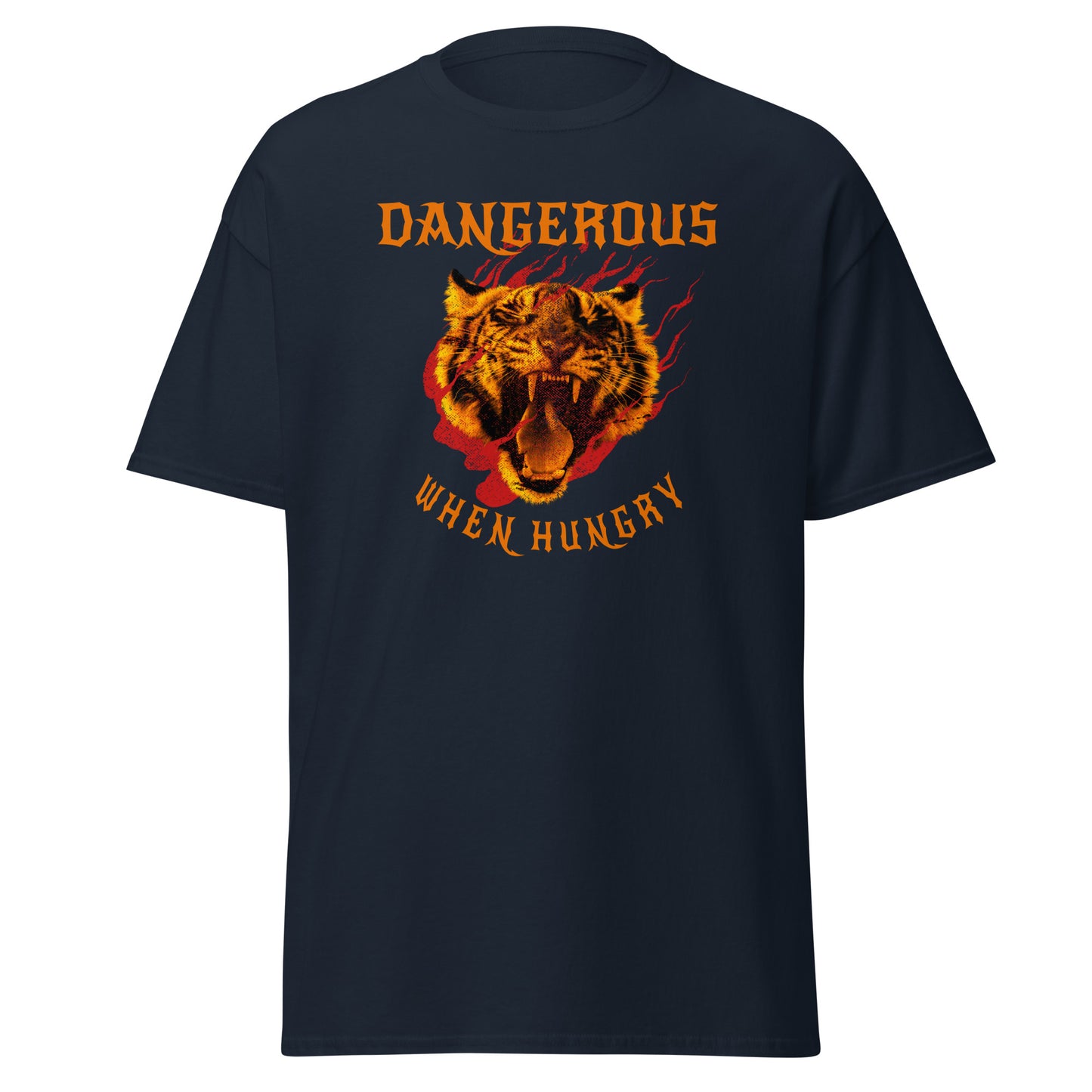 The Dangerous When Hungry T-Shirt by FunnyDripStore features a bold tiger head with flames and yellow-orange text reading DANGEROUS above and WHEN HUNGRY below—perfect for anyone who loves funny, eye-catching style.