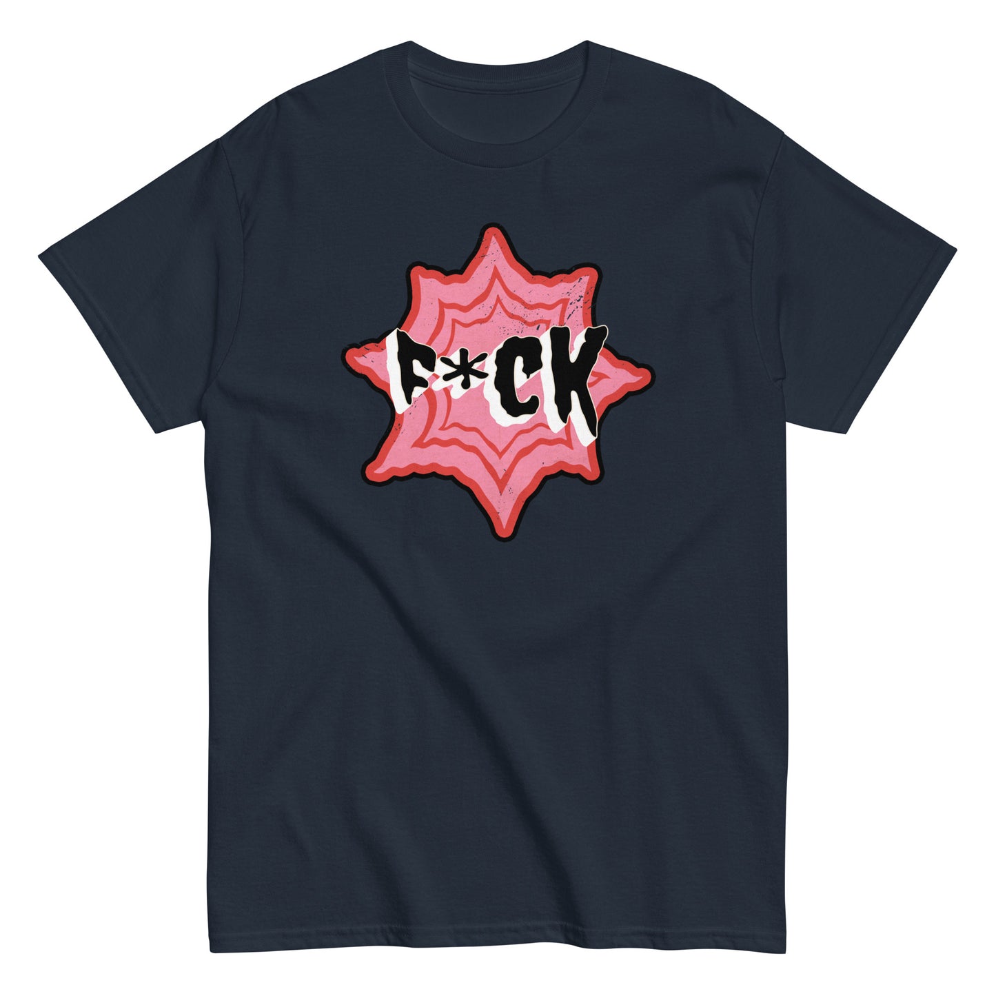 The F*ck T-Shirt by FunnyDripStore is a black tee with F*CK in bold black and white letters, a red asterisk as the U, all centered in a jagged red and pink starburst—a standout funny merch item.