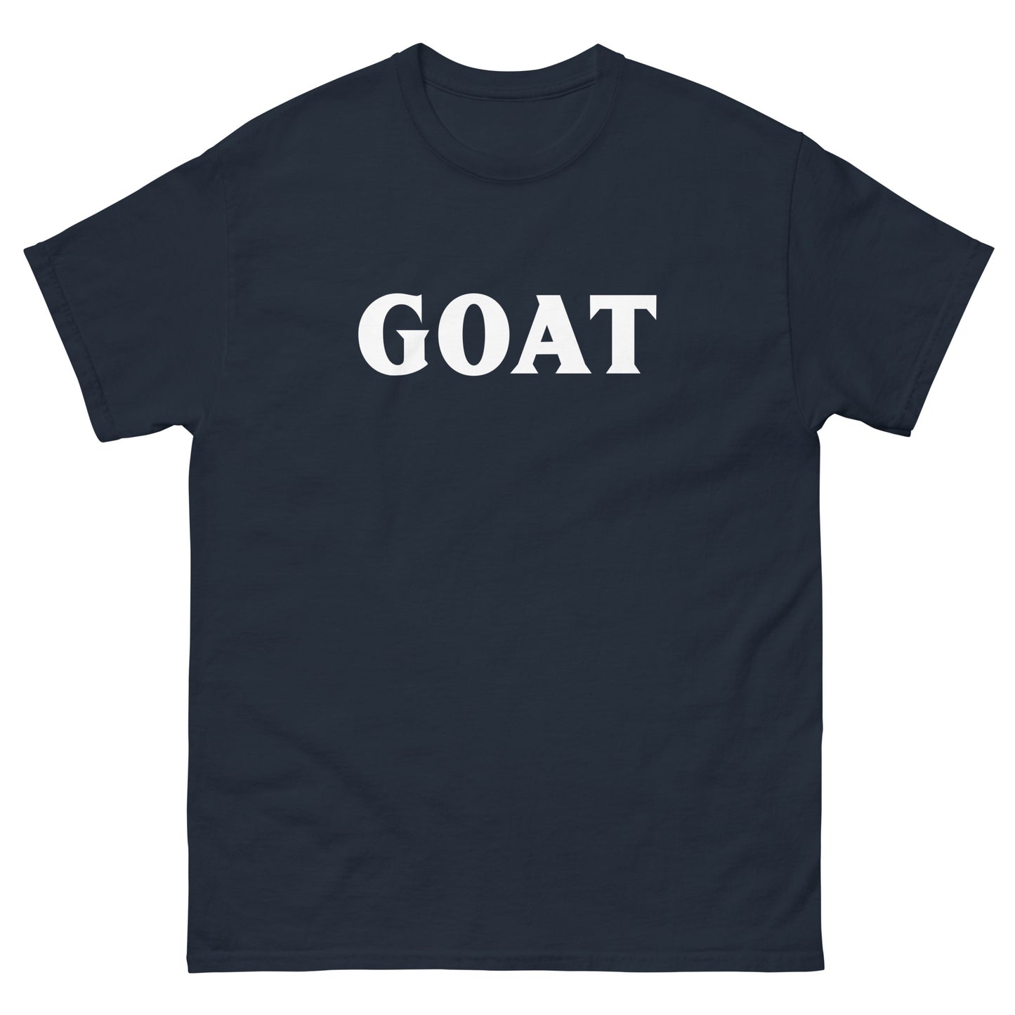 The GOAT T-Shirt by FunnyDripStore is a plain white tee with GOAT in bold, black letters across the chest—an ideal meme shirt for fans of funny clothing.