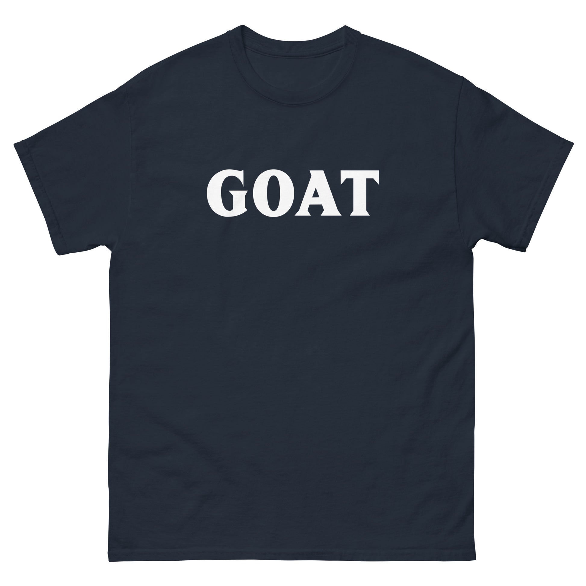 The GOAT T-Shirt by FunnyDripStore is a plain white tee with GOAT in bold, black letters across the chest—an ideal meme shirt for fans of funny clothing.