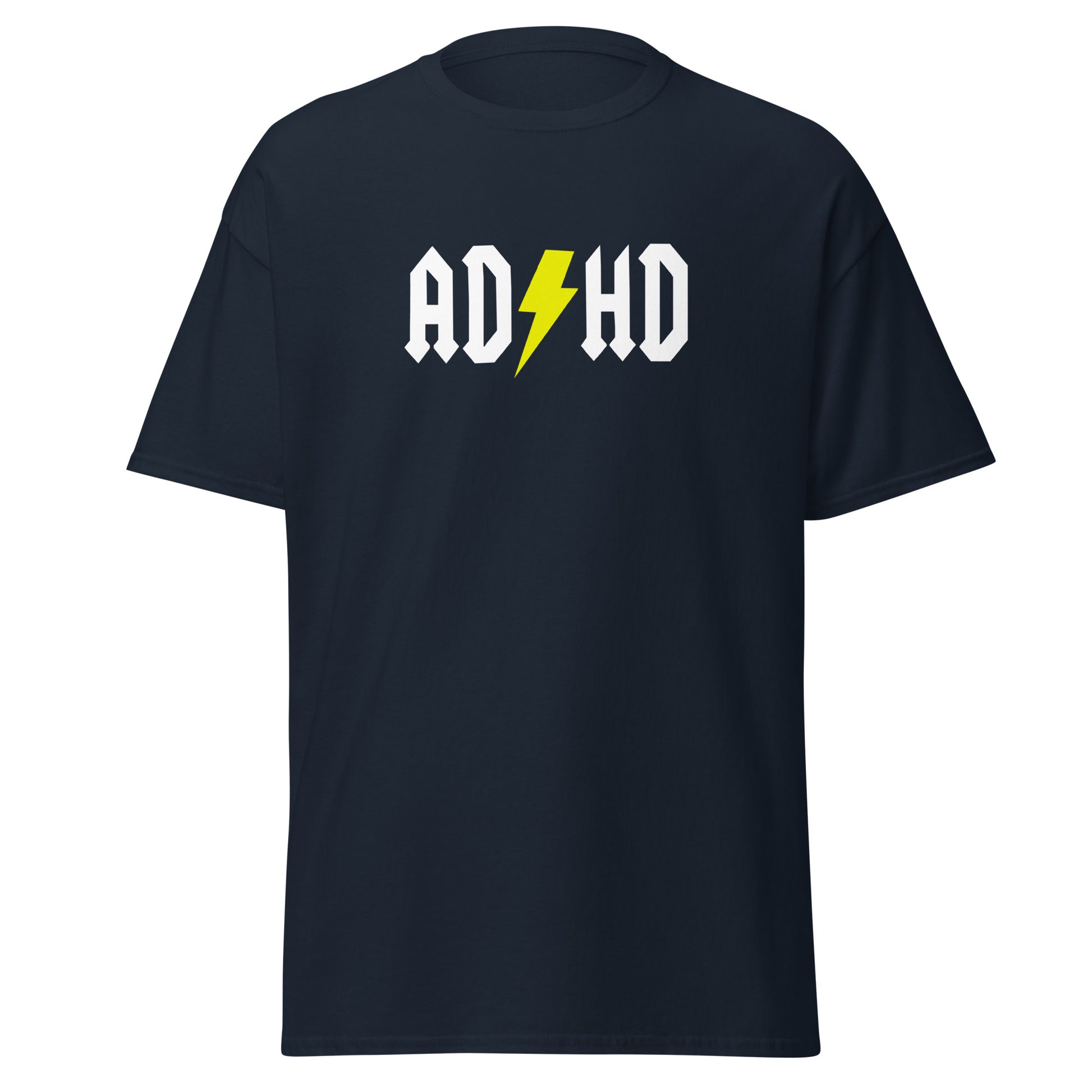 The ADHD T-Shirt by FunnyDripStore features ADHD in bold white letters with a yellow lightning bolt as the second H, styled like the AC/DC logo—a great gift for anyone who loves funny graphic tees.