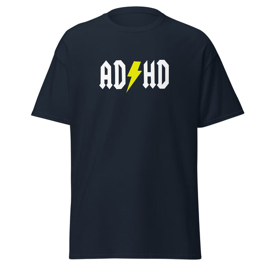 The ADHD T-Shirt by FunnyDripStore features ADHD in bold white letters with a yellow lightning bolt as the second H, styled like the AC/DC logo—a great gift for anyone who loves funny graphic tees.