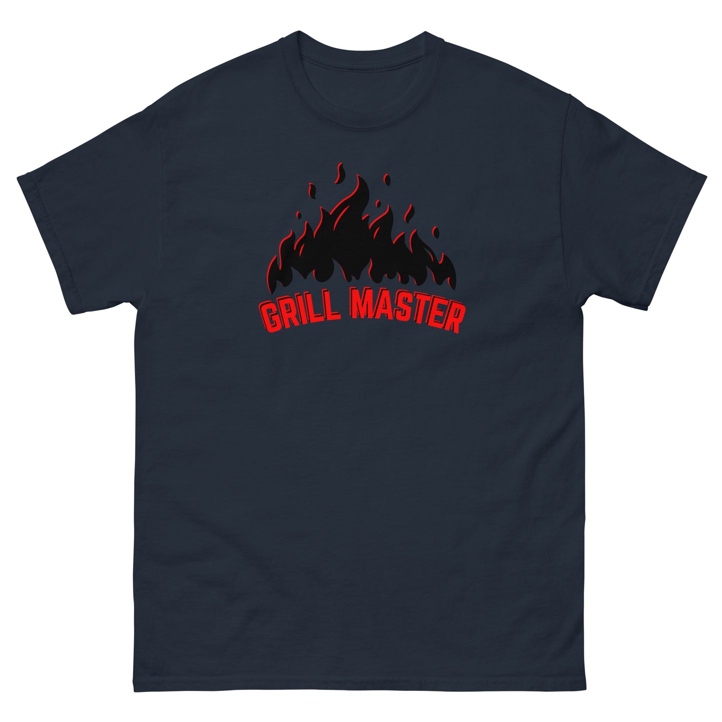 The Grill Master T-Shirt by FunnyDripStore: a yellow tee with black flames above bold red GRILL MASTER text—funny merch perfect for any BBQ lover.
