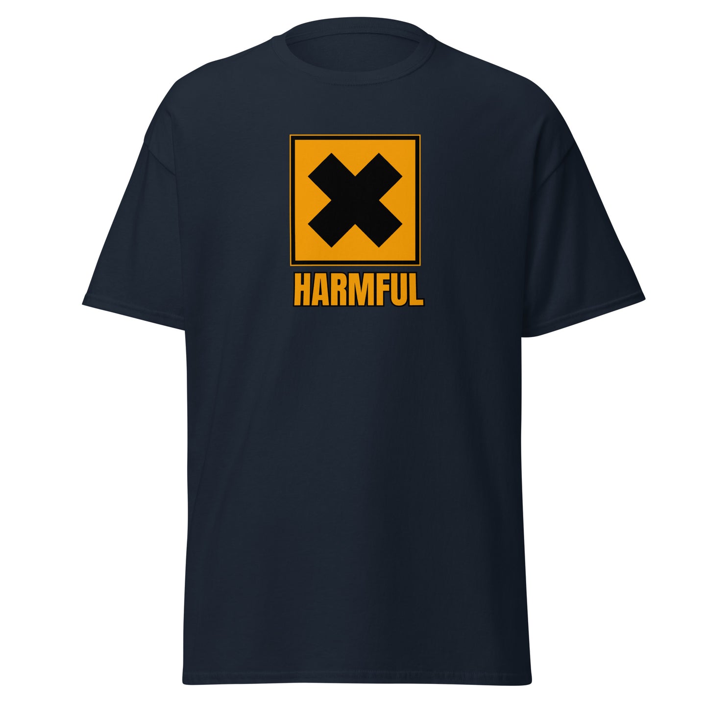 The Harmful T-Shirt by FunnyDripStore is a yellow meme shirt with a bold black X in a square above HARMFUL in black letters on the chest.