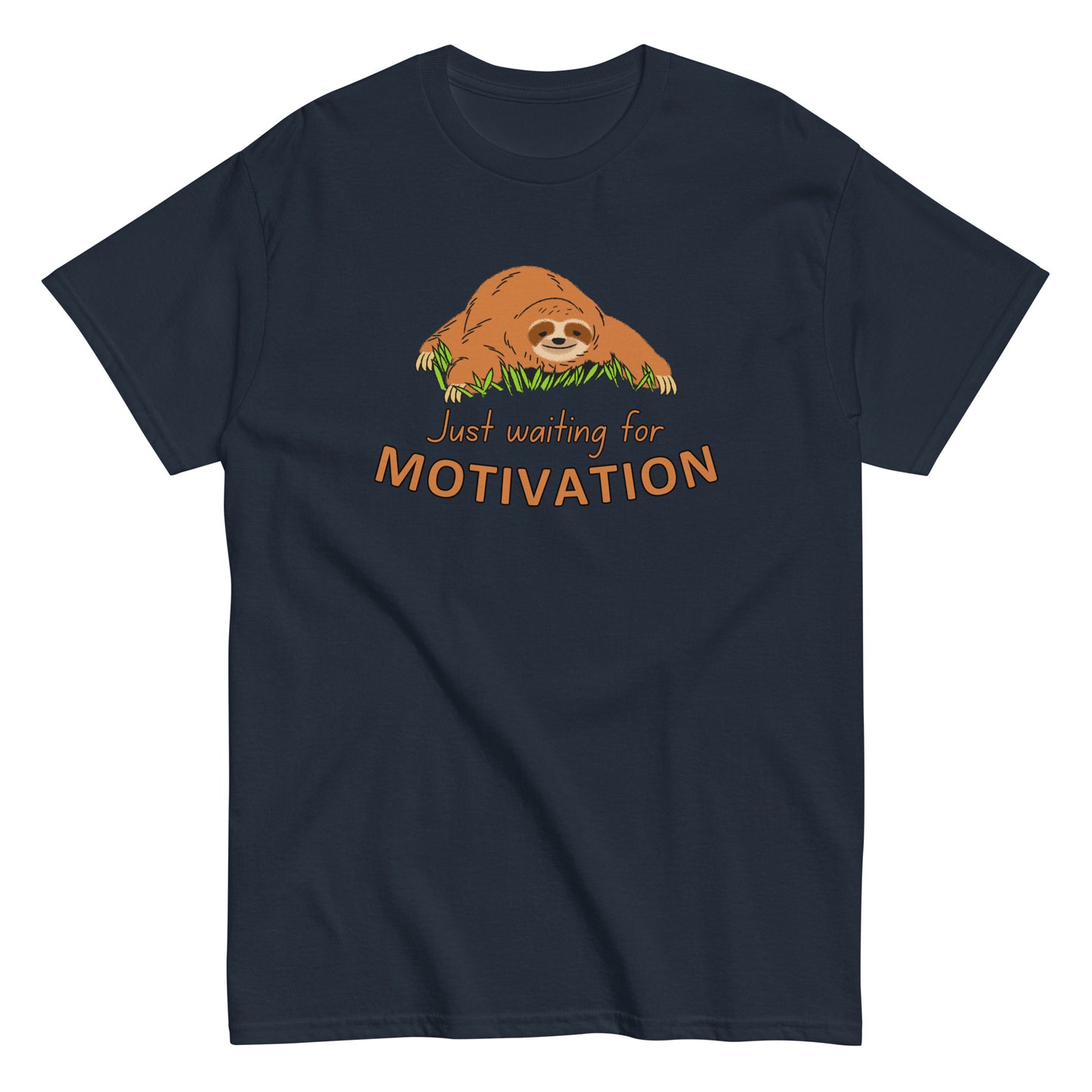 The Just Waiting For Motivation T-Shirt by FunnyDripStore features a smiling sloth on grass above bold orange and yellow text—a perfect choice for fans of funny apparel.