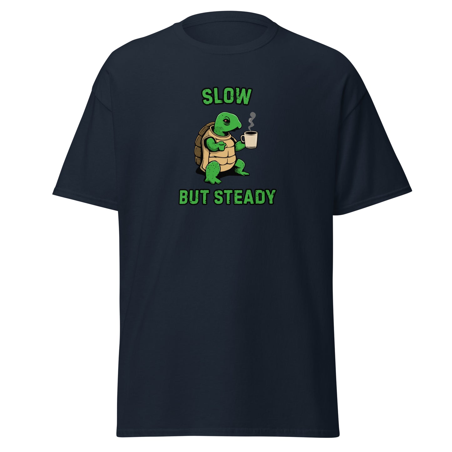 The FunnyDripStore Slow But Steady T-Shirt is a black tee with a cartoon turtle holding a coffee mug and SLOW above and BUT STEADY below in green—perfect meme shirt for coffee lovers.