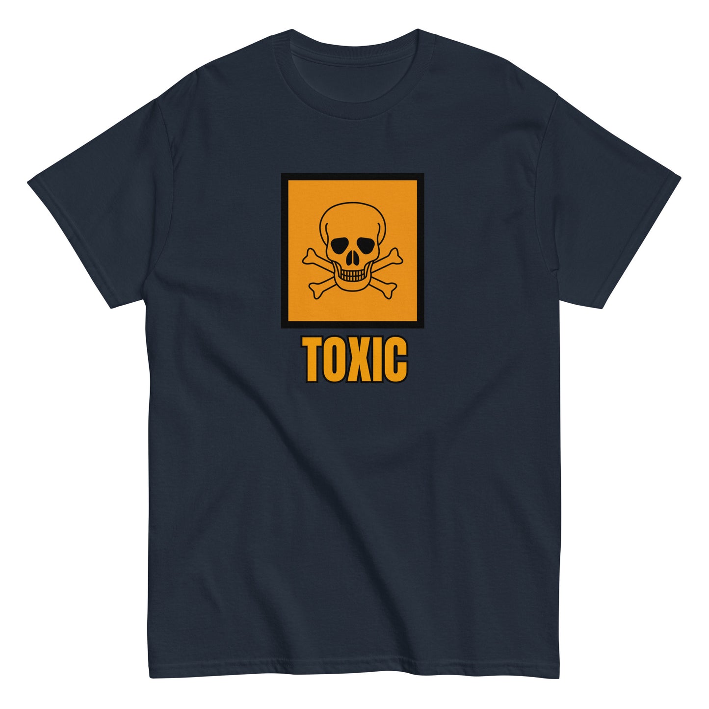 The FunnyDripStore Toxic T-Shirt features a bold yellow square with a black skull and crossbones above TOXIC in yellow on the front. This black meme shirt is perfect for those who love humorous clothing.