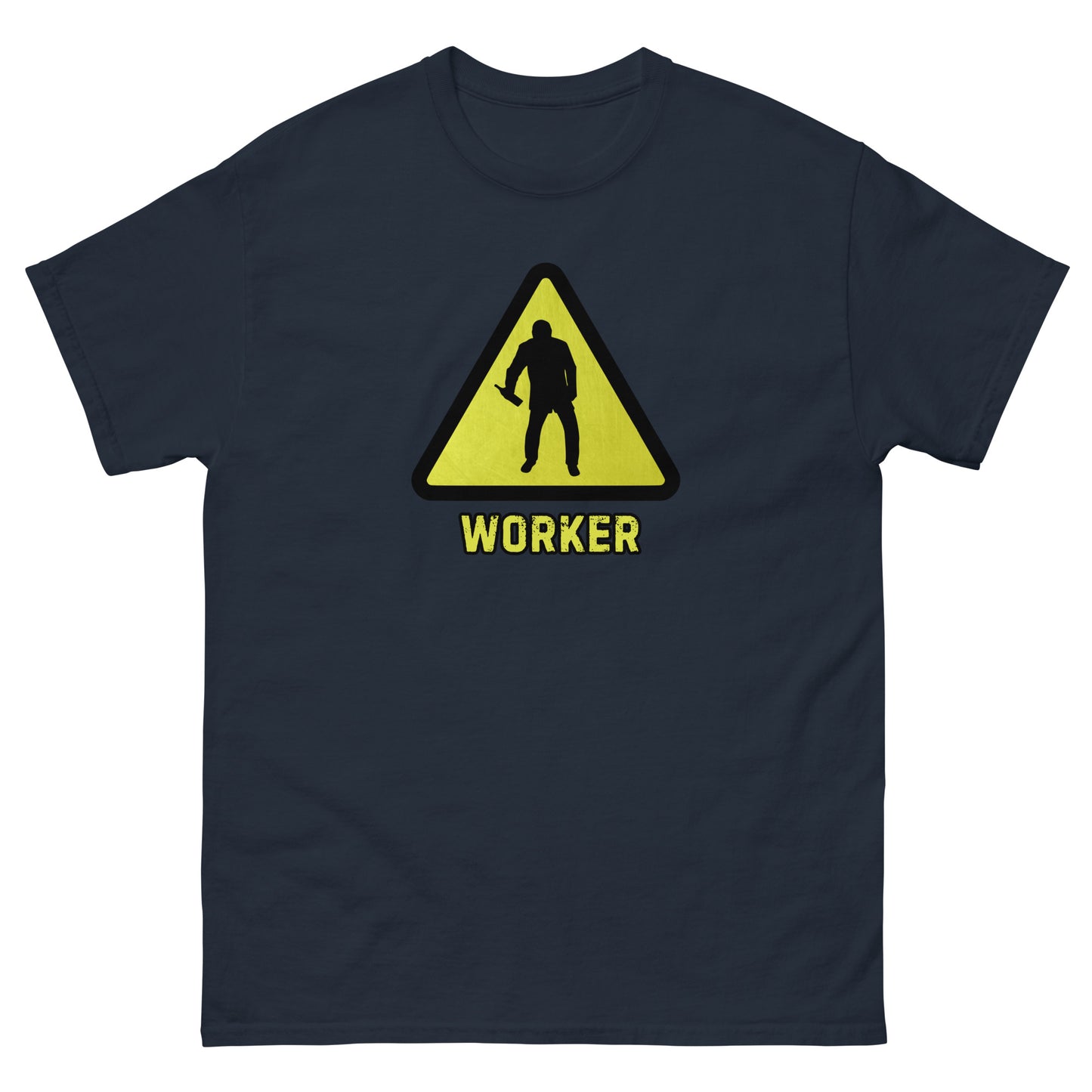 The Worker T-Shirt by FunnyDripStore features a yellow triangular warning sign with a worker silhouette and bold yellow WORKER text on black—a funny shirt for anyone who enjoys meme apparel and humorous graphic tees.