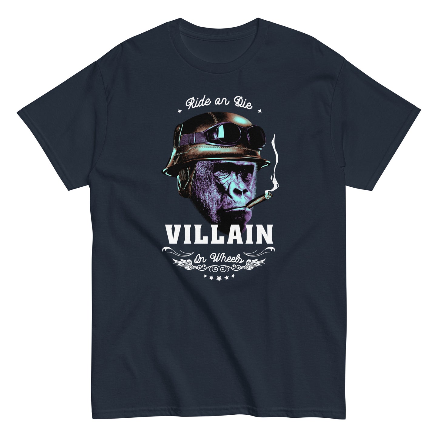 The Villain T-Shirt by FunnyDripStore features a gorilla in a helmet and goggles, smoking a cigarette, with Ride or Die above and Villain on Wheels below. This bold black tee is perfect for fans of unique, funny clothing.