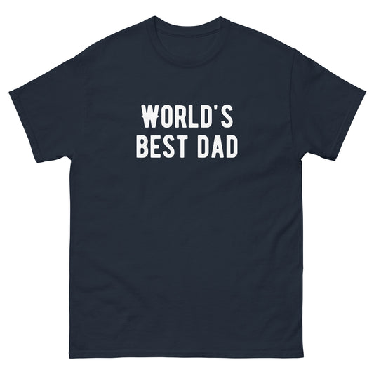 The FunnyDripStore Worlds Best Dad T-Shirt in navy features WORLDS BEST DAD in bold white letters, with the W styled as a mustache—a funny, unique gift for dads who love humorous clothing.