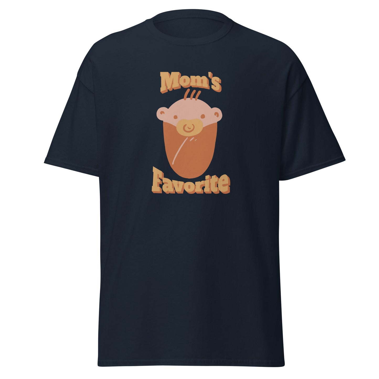FunnyDripStore’s Moms Favorite T-Shirt in black features a cartoon baby face with a pacifier and “Moms Favorite” text in light brown—a playful, funny tee perfect for anyone who loves to show off their sense of humor!.