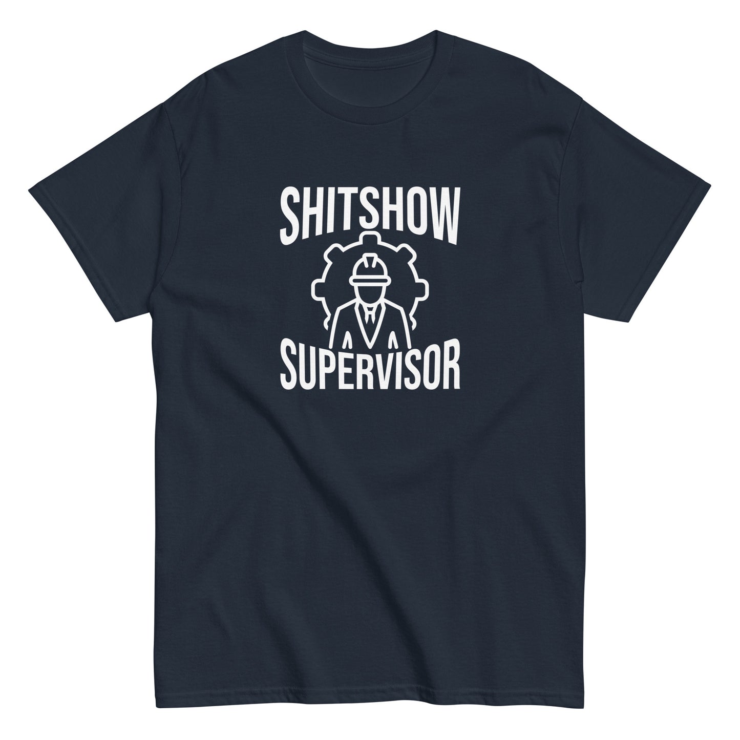 The Shitshow Supervisor T-Shirt by FunnyDripStore features “SHITSHOW SUPERVISOR” in white and a supervisor line drawing—perfect funny merch for meme lovers seeking humor tees.