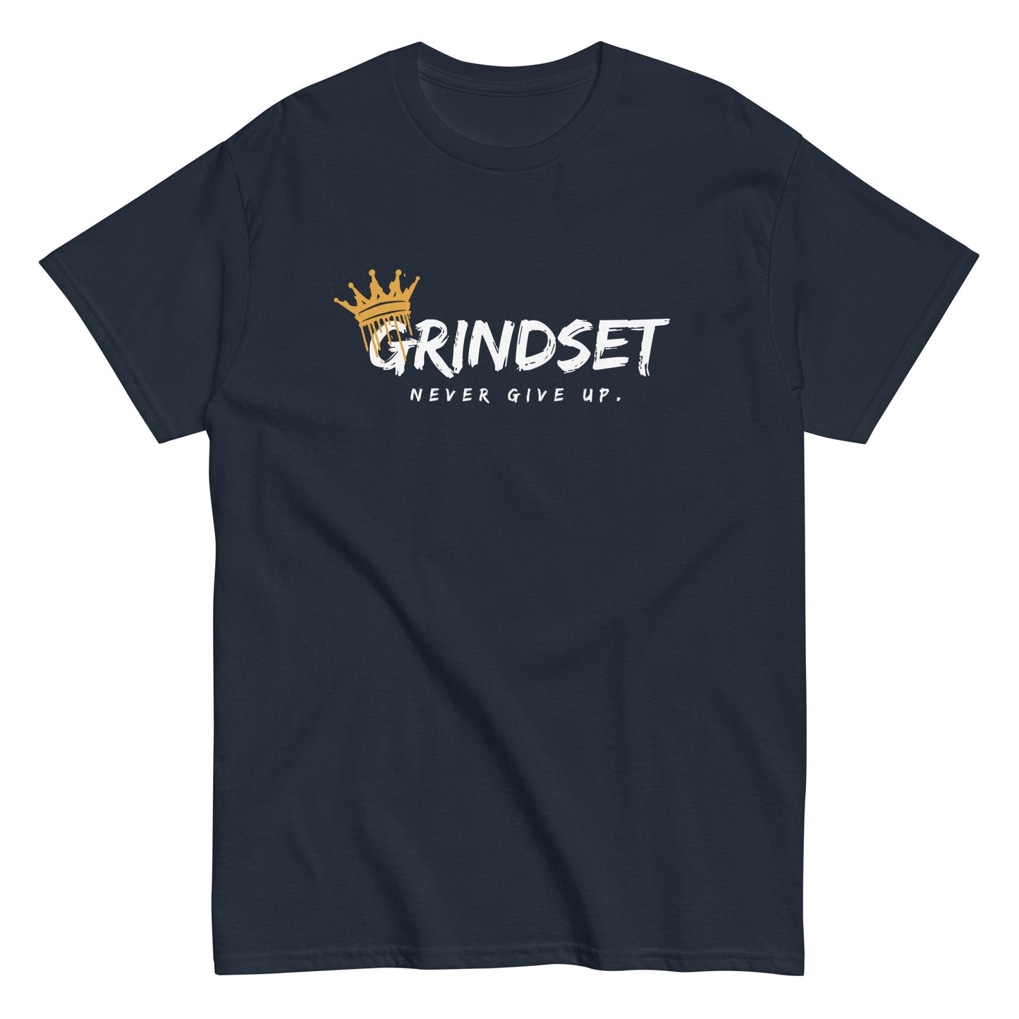 The Grindset T-Shirt by FunnyDripStore is a purple tee featuring GRINDSET in bold white letters with a gold crown over the G, and NEVER GIVE UP. below—ideal for fans of clever text shirts.