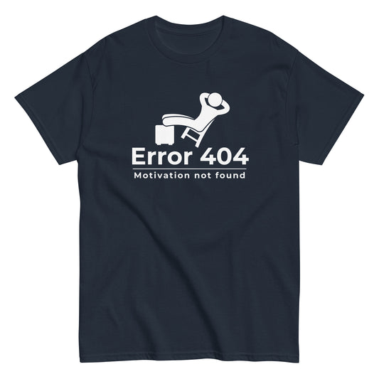 The FunnyDripStore Error 404 T-Shirt in black features a graphic of a relaxed person and the “Motivation not found” caption—perfect for showing off your laid-back mood with humor.