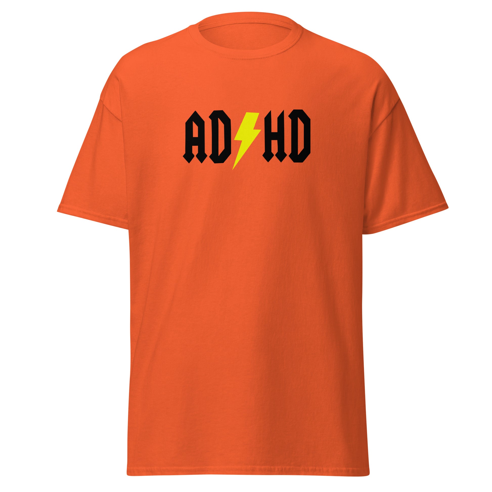 The ADHD T-Shirt by FunnyDripStore features ADHD in bold white letters with a yellow lightning bolt as the second H, styled like the AC/DC logo—a great gift for anyone who loves funny graphic tees.