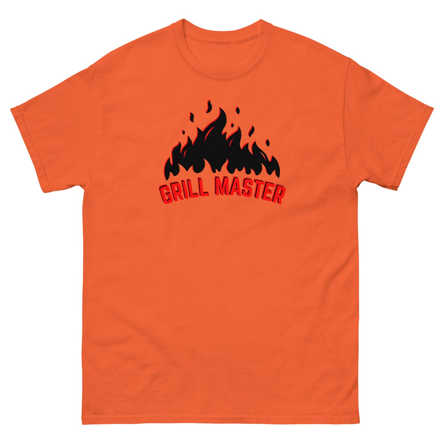 The Grill Master T-Shirt by FunnyDripStore: a yellow tee with black flames above bold red GRILL MASTER text—funny merch perfect for any BBQ lover.