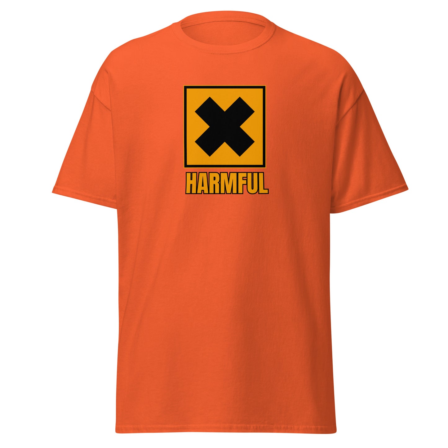 The Harmful T-Shirt by FunnyDripStore is a yellow meme shirt with a bold black X in a square above HARMFUL in black letters on the chest.