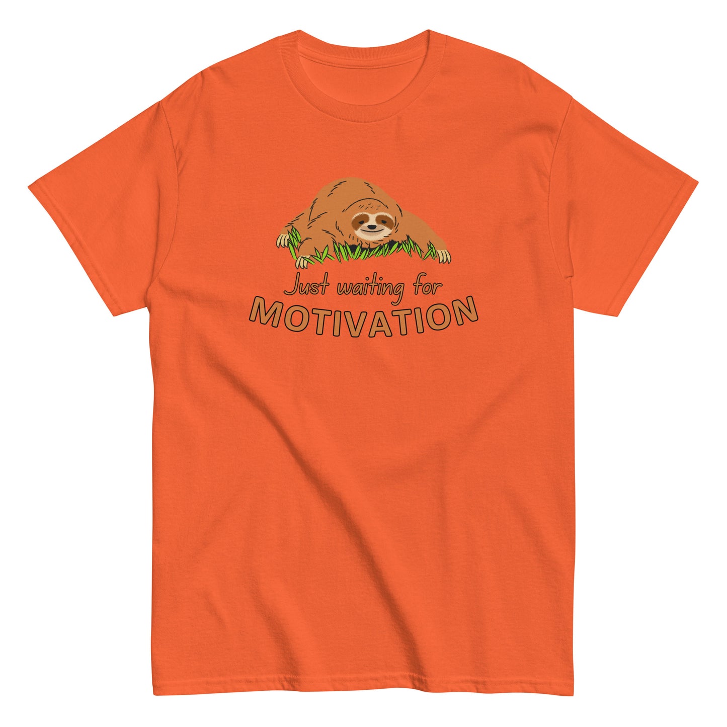 The Just Waiting For Motivation T-Shirt by FunnyDripStore features a smiling sloth on grass above bold orange and yellow text—a perfect choice for fans of funny apparel.