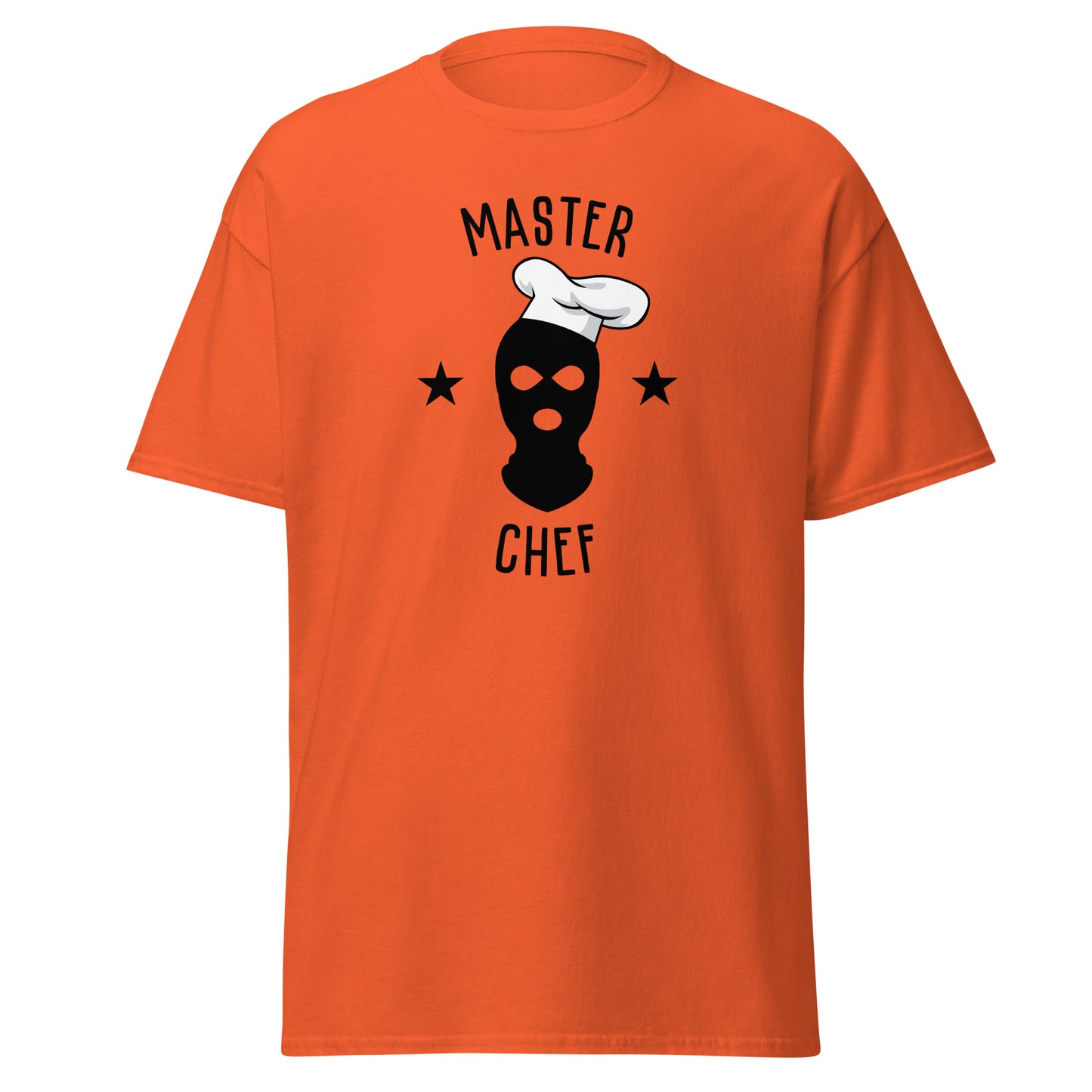 The Master Chef T-Shirt by FunnyDripStore features a black ski mask in a chef’s hat, two black stars, and bold “MASTER CHEF” text above and below the graphic.