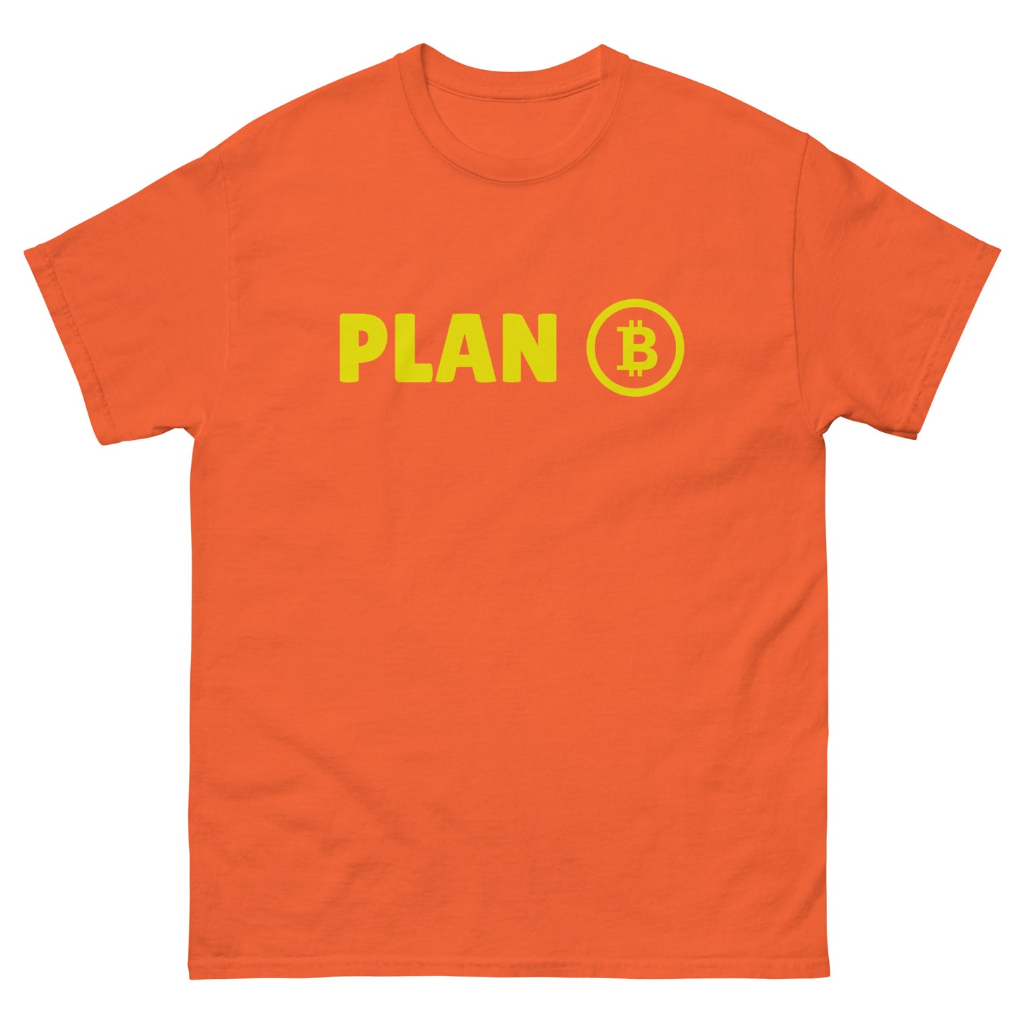 The Plan B T-Shirt from FunnyDripStore features PLAN in bold yellow letters and a yellow Bitcoin symbol inside a circle on the chest—a fun meme shirt perfect for fans of funny clothing.