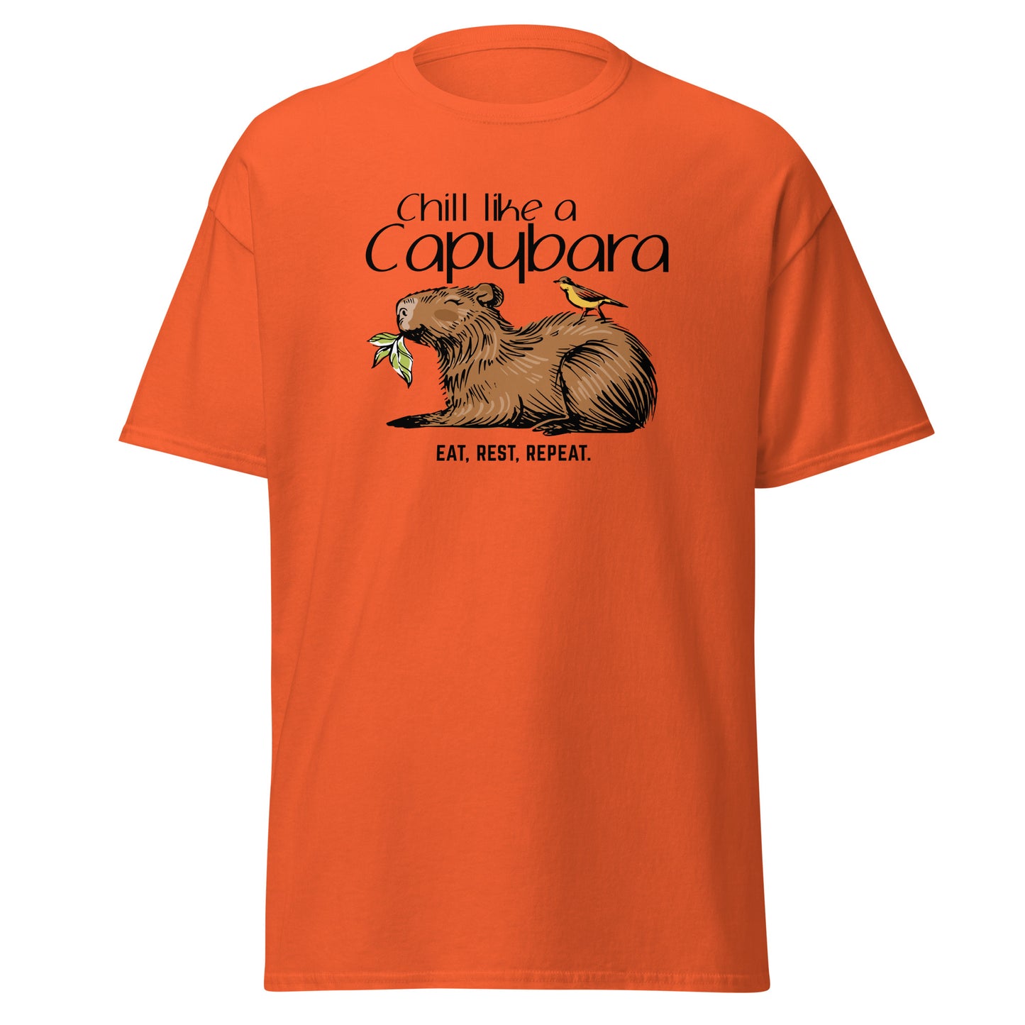 Chill Like A Capybara T-Shirt by FunnyDripStore: White tee with a relaxed capybara and bird eating a leaf, captioned “Chill like a Capybara” above and “Eat, rest, repeat” below. Perfect funny shirt for laid-back meme lovers!.
