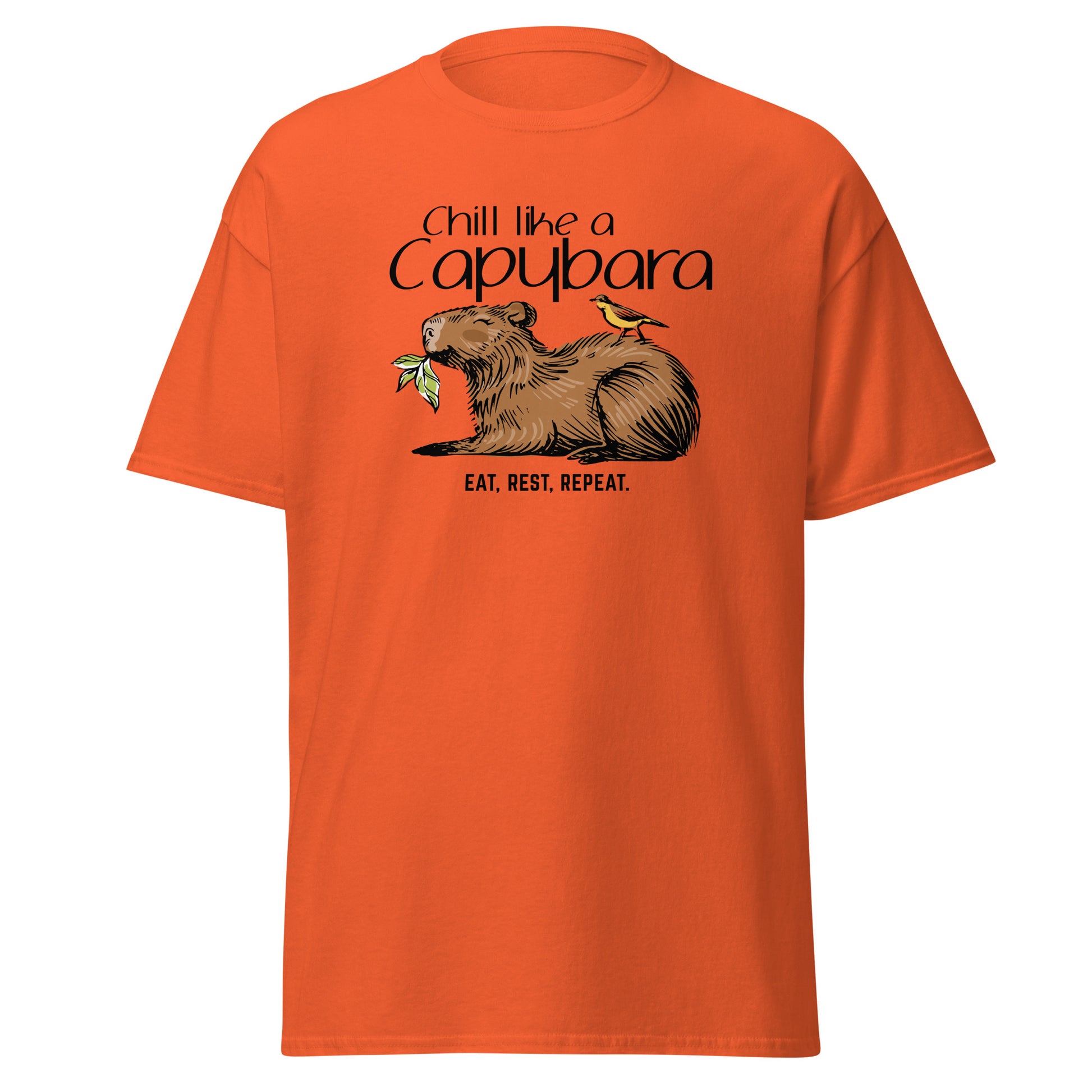 Chill Like A Capybara T-Shirt by FunnyDripStore: White tee with a relaxed capybara and bird eating a leaf, captioned “Chill like a Capybara” above and “Eat, rest, repeat” below. Perfect funny shirt for laid-back meme lovers!.
