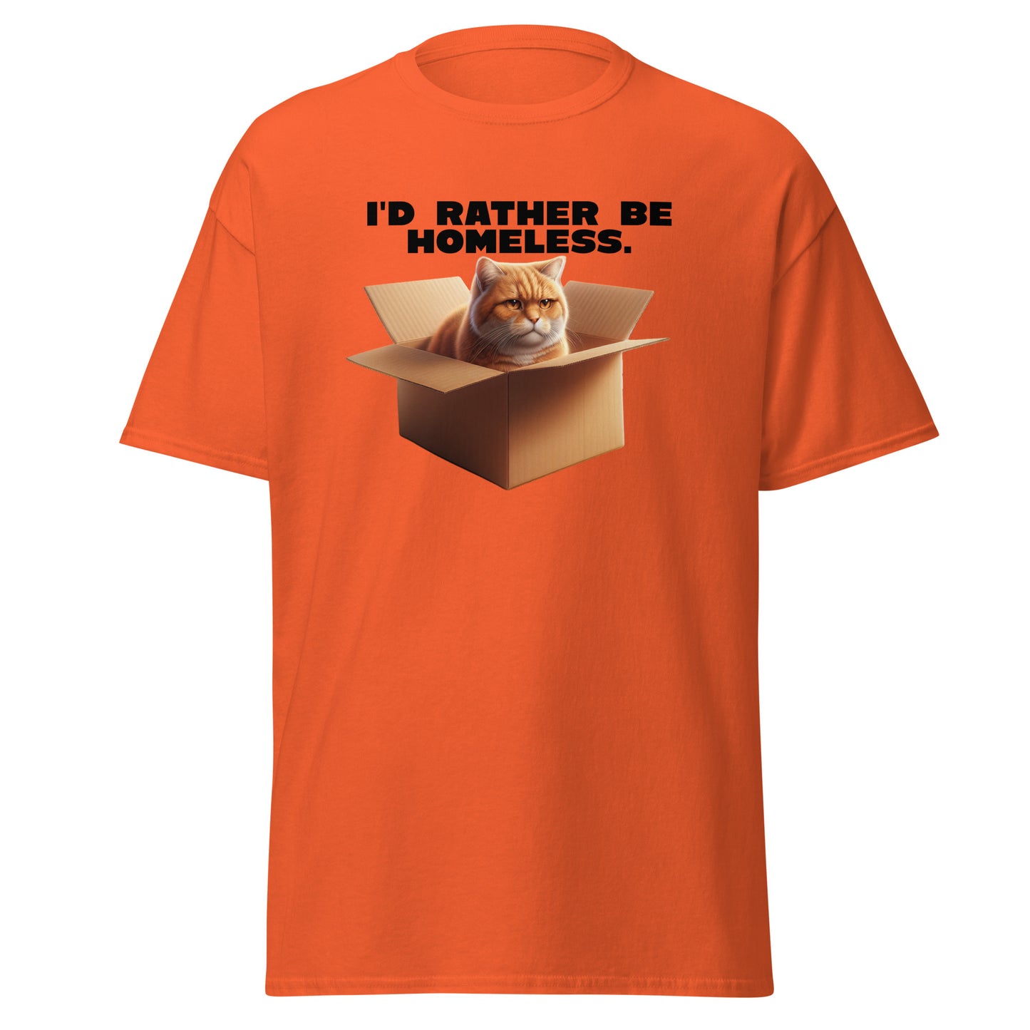 The Id Rather Be Homeless T-Shirt by FunnyDripStore features a grumpy orange cat in a box on a gold tee—perfect quirky merch for cat lovers and fans of clever text shirts.