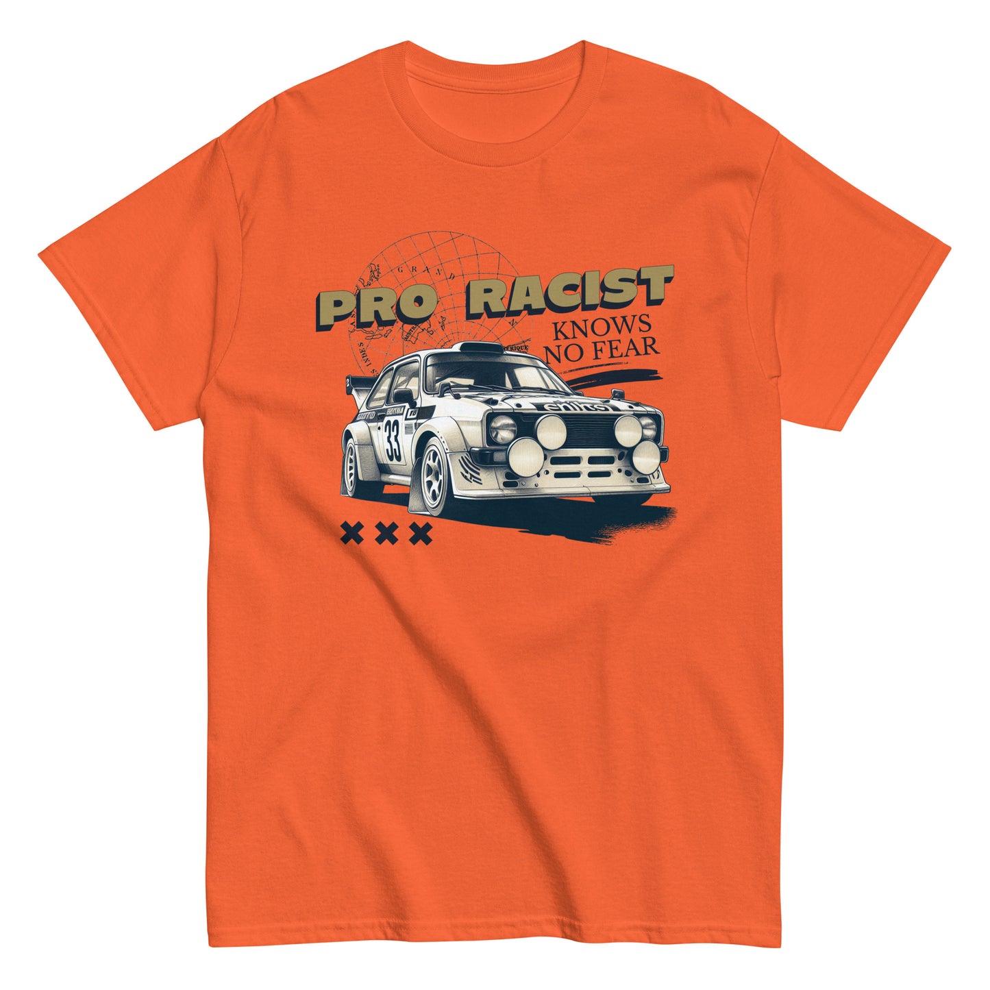 The Pro Racist T-Shirt by FunnyDripStore in charcoal features a rally car with number 33, the text PRO RACIST KNOWS NO FEAR, and three X symbols—an ideal bold graphic tee for motorsport fans.