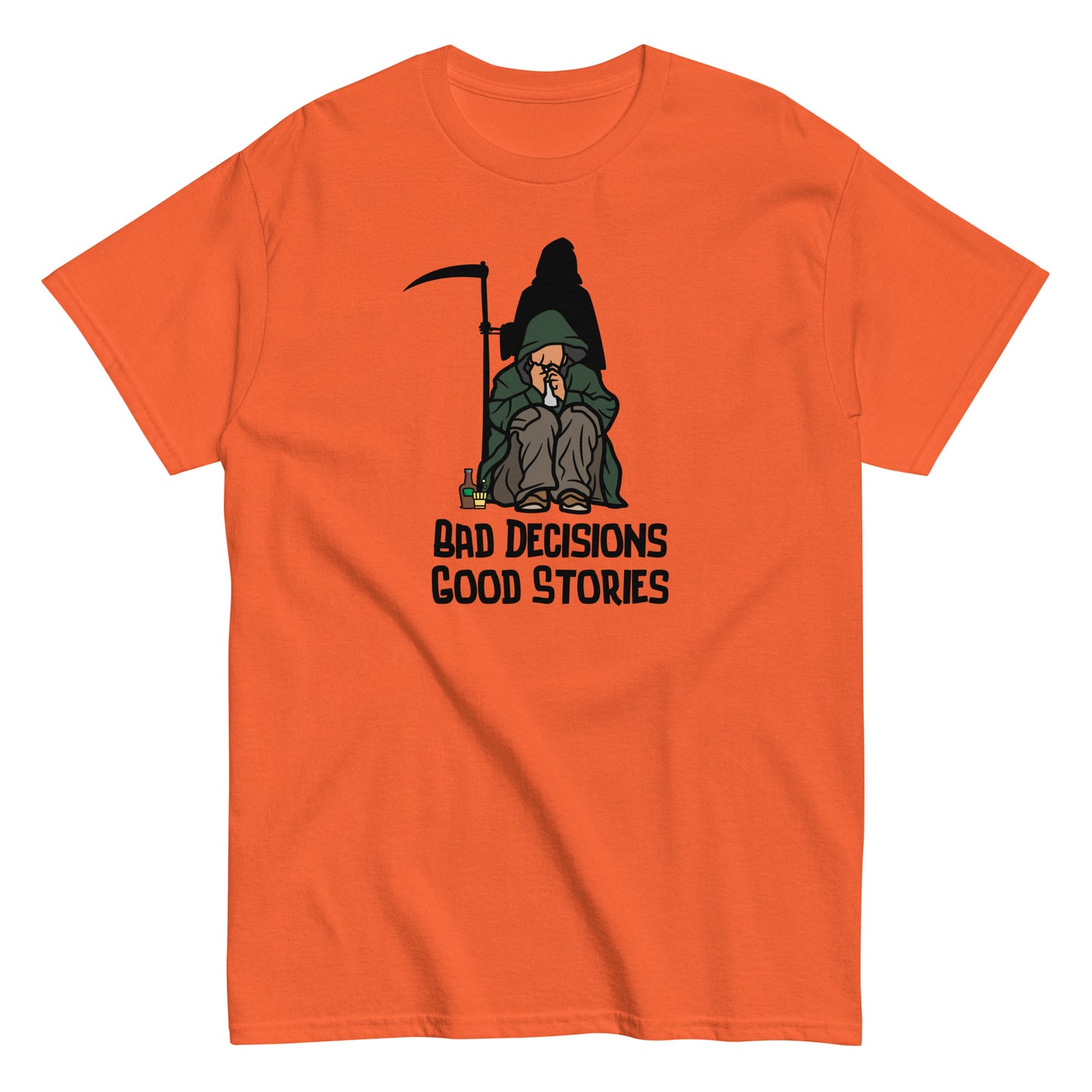 The FunnyDripStore Bad Decisions Good Stories T-Shirt is a white tee featuring a cartoon Grim Reaper with a drink and cigarette, plus bold text—perfect for fans of witty and funny style.
