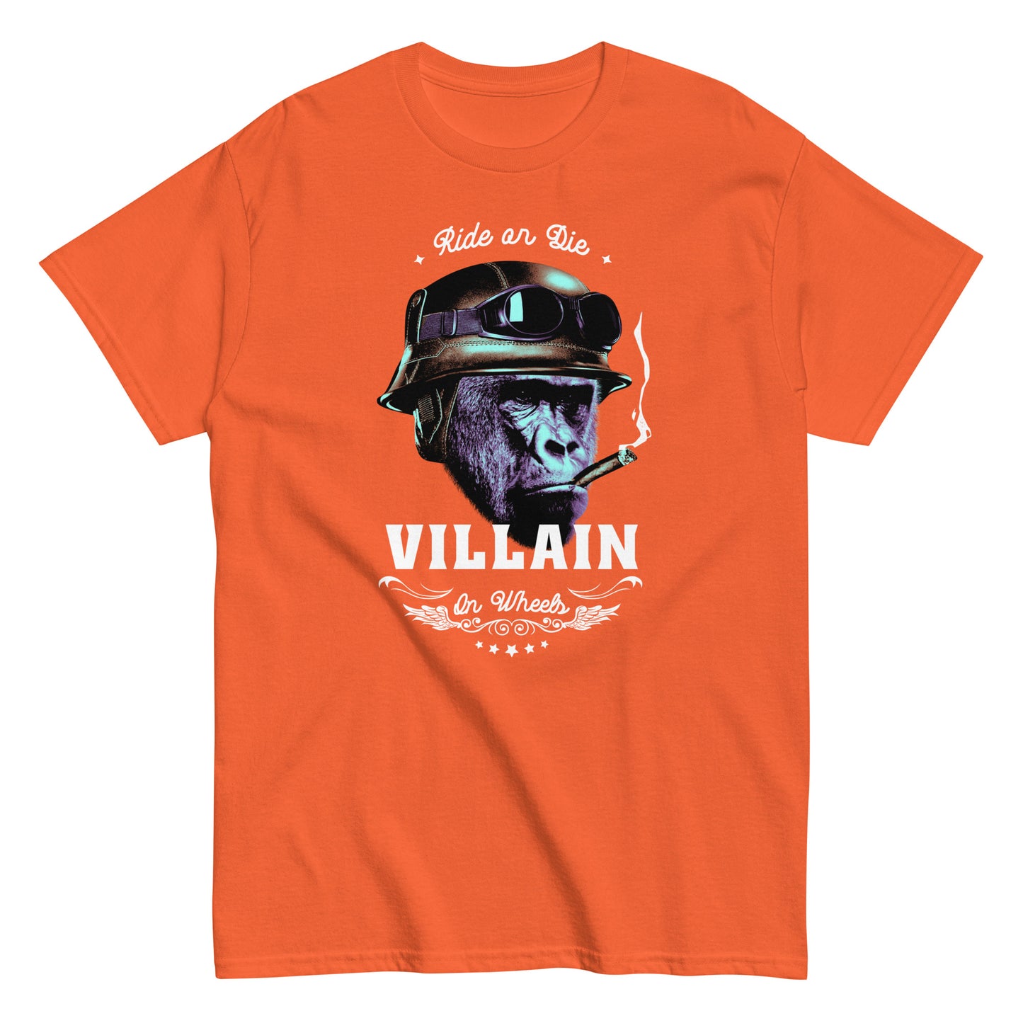 The Villain T-Shirt by FunnyDripStore features a gorilla in a helmet and goggles, smoking a cigarette, with Ride or Die above and Villain on Wheels below. This bold black tee is perfect for fans of unique, funny clothing.