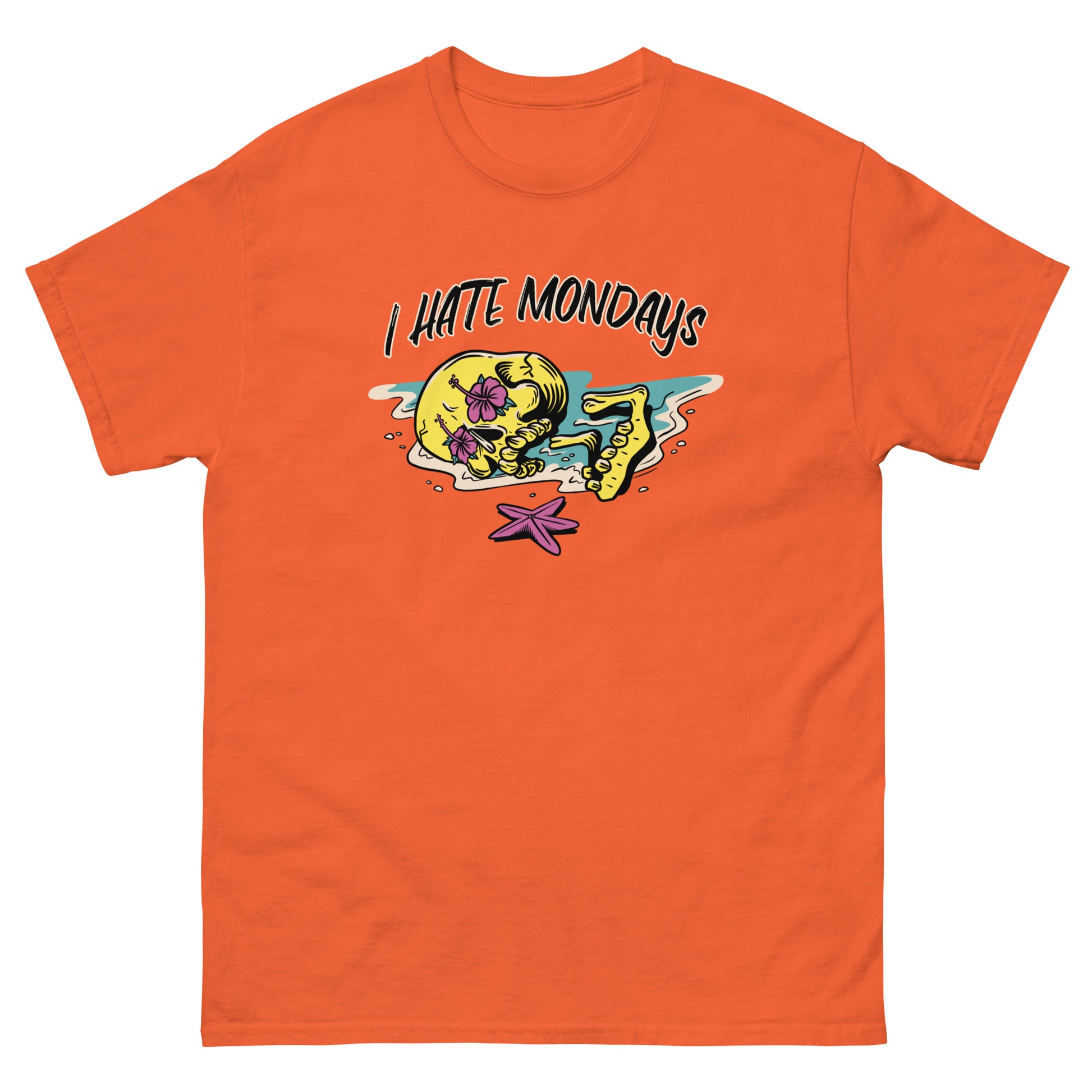 The FunnyDripStore I Hate Mondays T-Shirt in white features a cartoon skeleton lounging on the beach with sunglasses, drink, and starfish, plus bold I HATE MONDAYS text—a perfect funny merch gift.