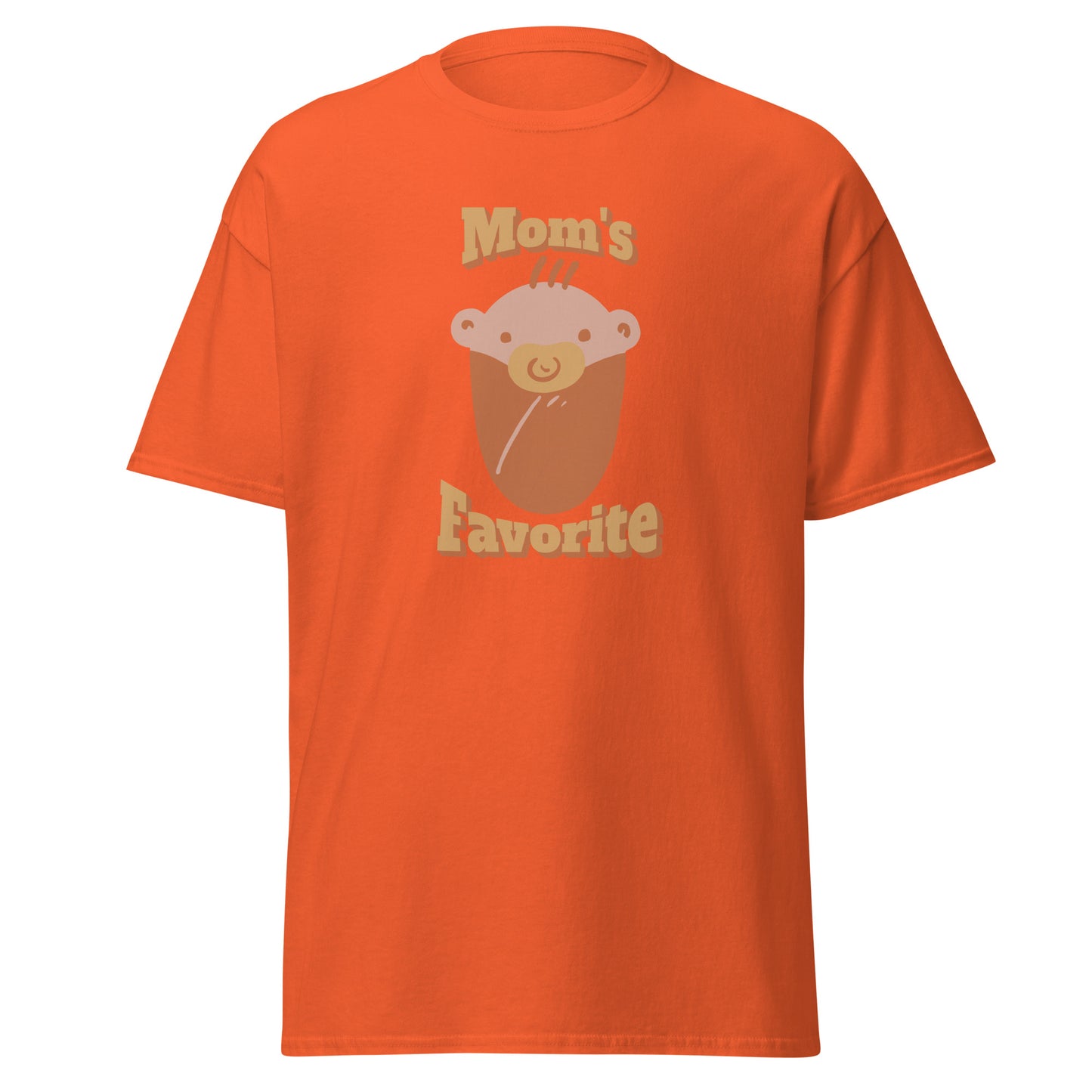 FunnyDripStore’s Moms Favorite T-Shirt in black features a cartoon baby face with a pacifier and “Moms Favorite” text in light brown—a playful, funny tee perfect for anyone who loves to show off their sense of humor!.
