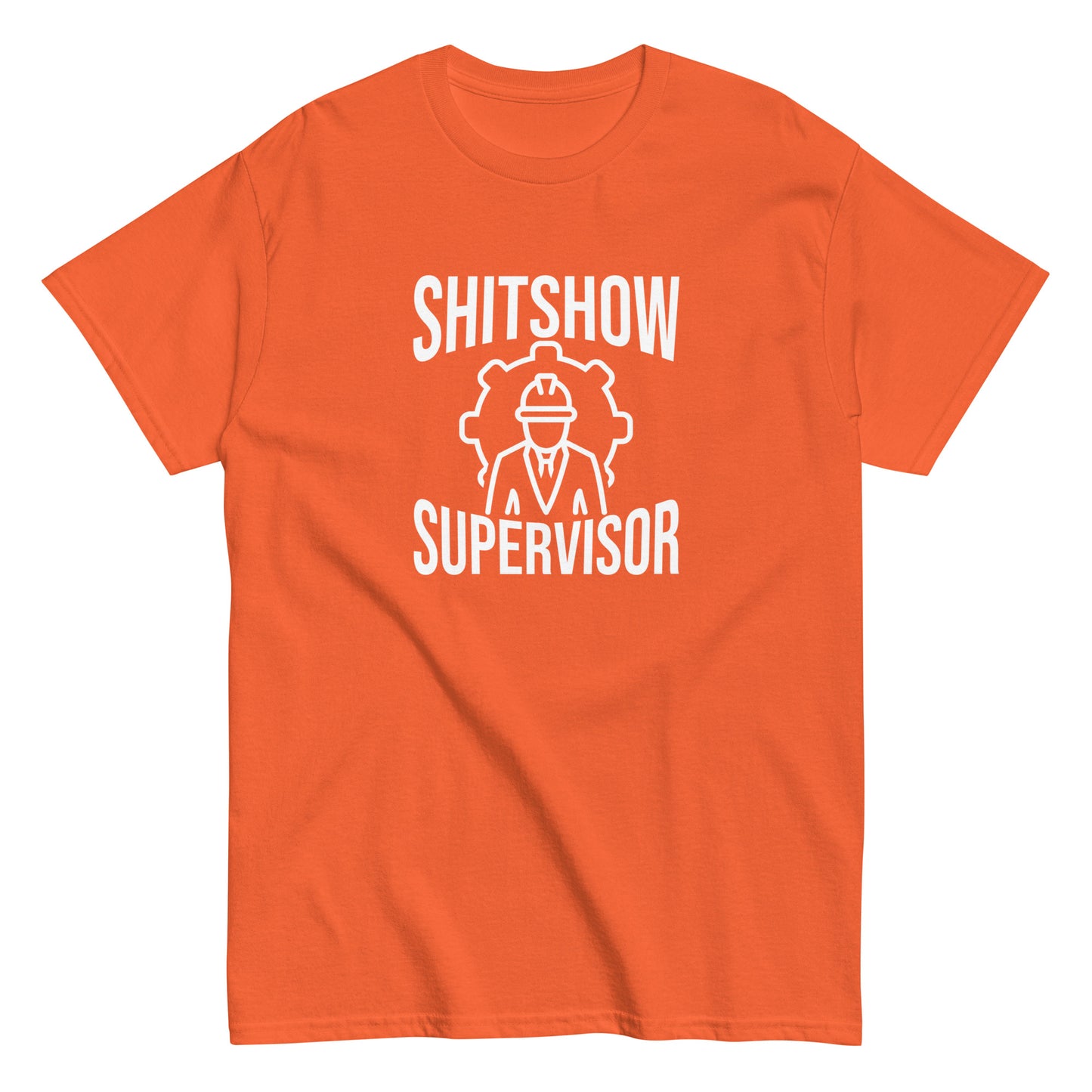 The Shitshow Supervisor T-Shirt by FunnyDripStore features “SHITSHOW SUPERVISOR” in white and a supervisor line drawing—perfect funny merch for meme lovers seeking humor tees.