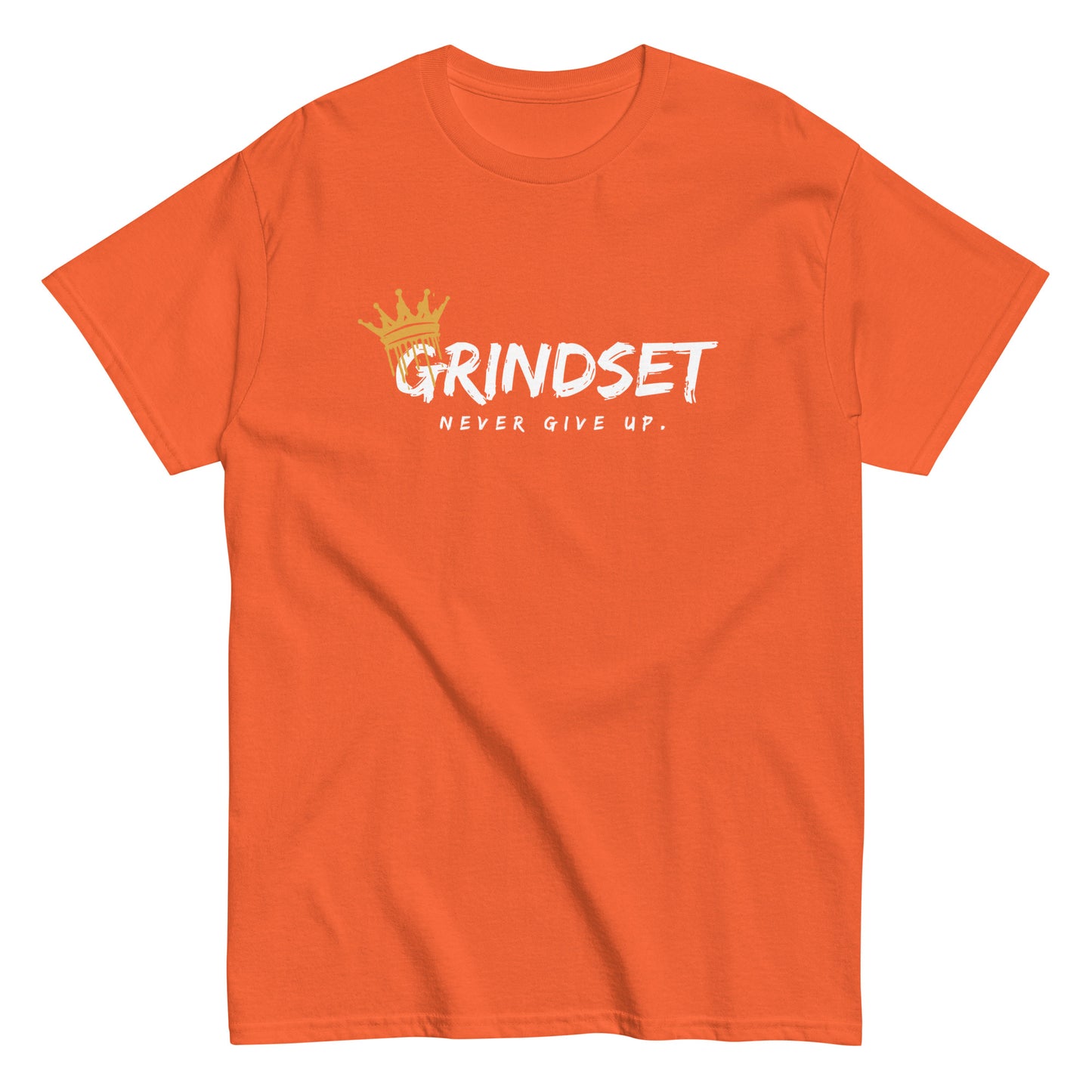 The Grindset T-Shirt by FunnyDripStore is a purple tee featuring GRINDSET in bold white letters with a gold crown over the G, and NEVER GIVE UP. below—ideal for fans of clever text shirts.