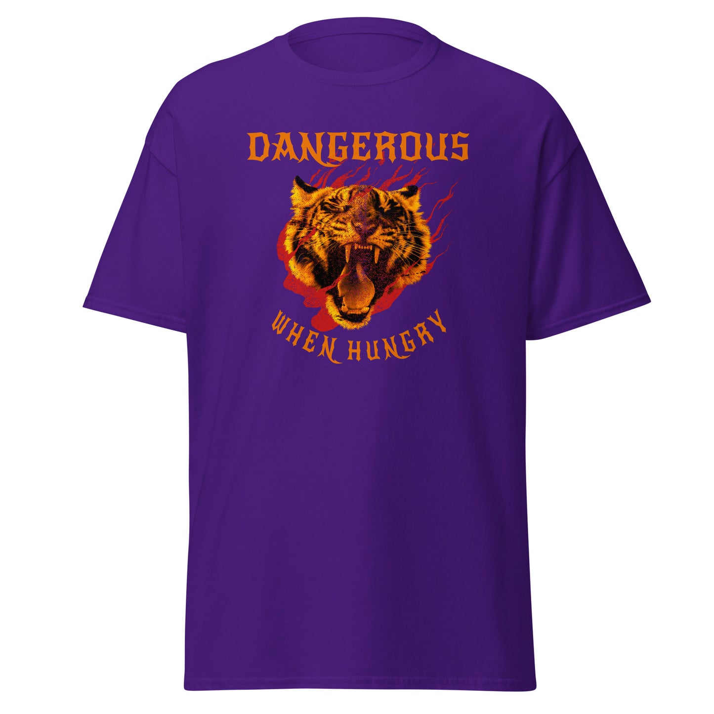 The Dangerous When Hungry T-Shirt by FunnyDripStore features a bold tiger head with flames and yellow-orange text reading DANGEROUS above and WHEN HUNGRY below—perfect for anyone who loves funny, eye-catching style.