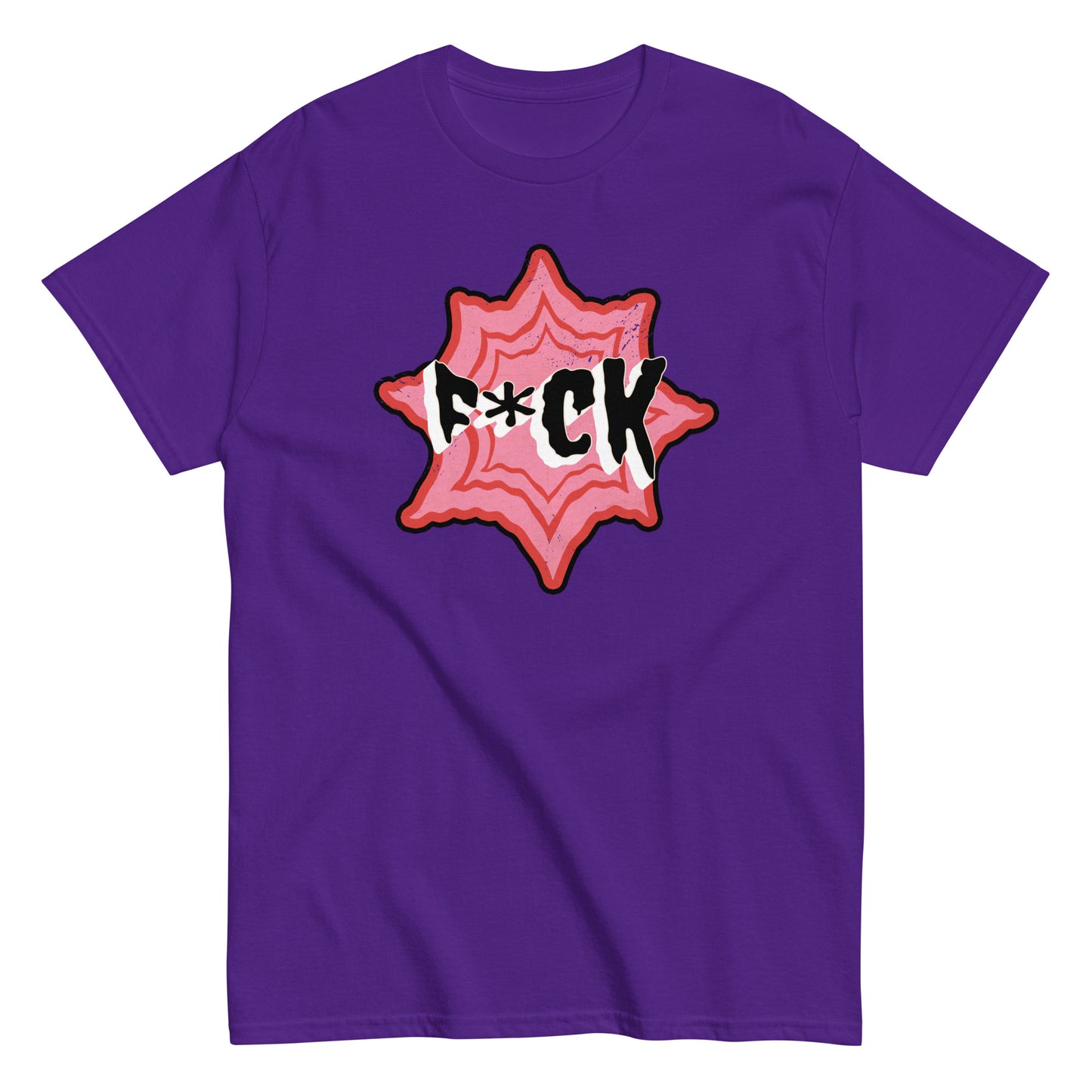 The F*ck T-Shirt by FunnyDripStore is a black tee with F*CK in bold black and white letters, a red asterisk as the U, all centered in a jagged red and pink starburst—a standout funny merch item.