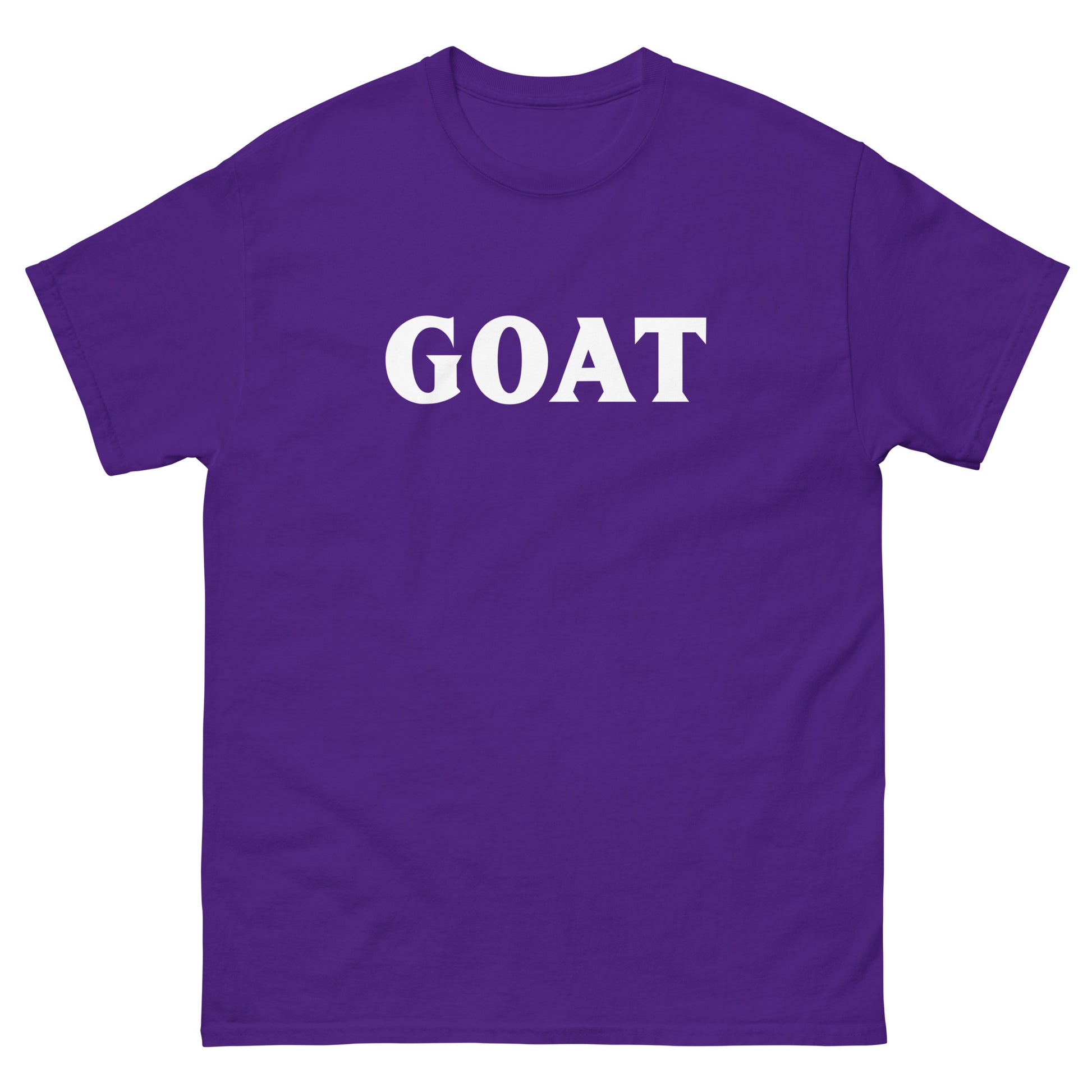 The GOAT T-Shirt by FunnyDripStore is a plain white tee with GOAT in bold, black letters across the chest—an ideal meme shirt for fans of funny clothing.