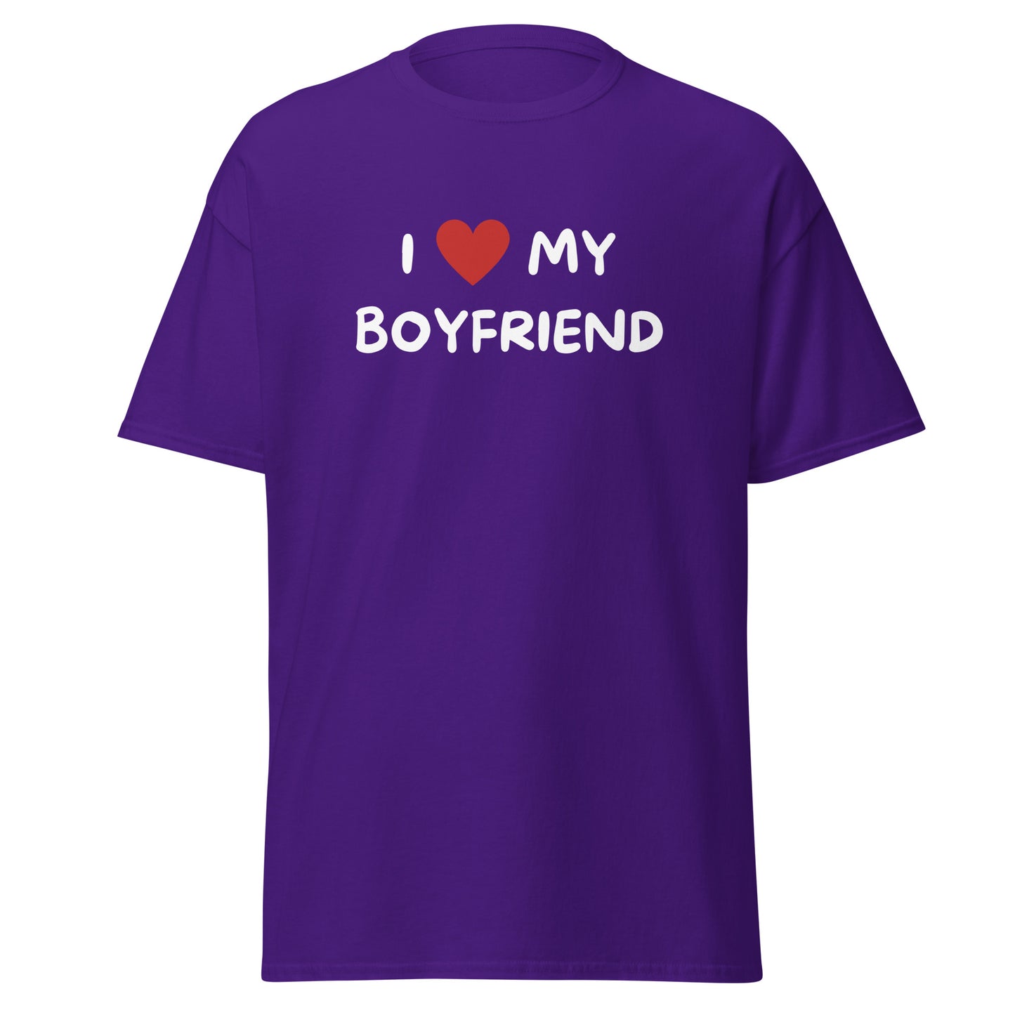 I Love My Boyfriend T-Shirt is a purple meme shirt with white text and a red heart. Its perfect for anyone who loves playful, expressive fashion and wants to show off their fun side.