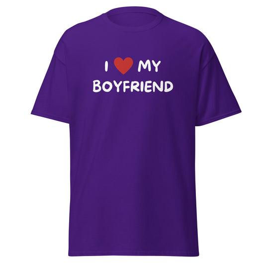 I Love My Boyfriend T-Shirt is a purple meme shirt with white text and a red heart. Its perfect for anyone who loves playful, expressive fashion and wants to show off their fun side.