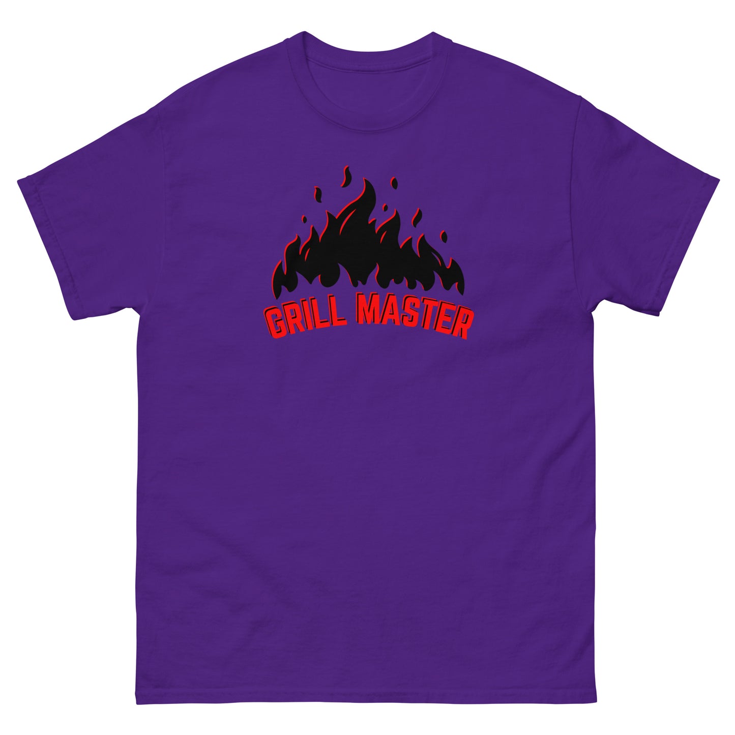 The Grill Master T-Shirt by FunnyDripStore: a yellow tee with black flames above bold red GRILL MASTER text—funny merch perfect for any BBQ lover.
