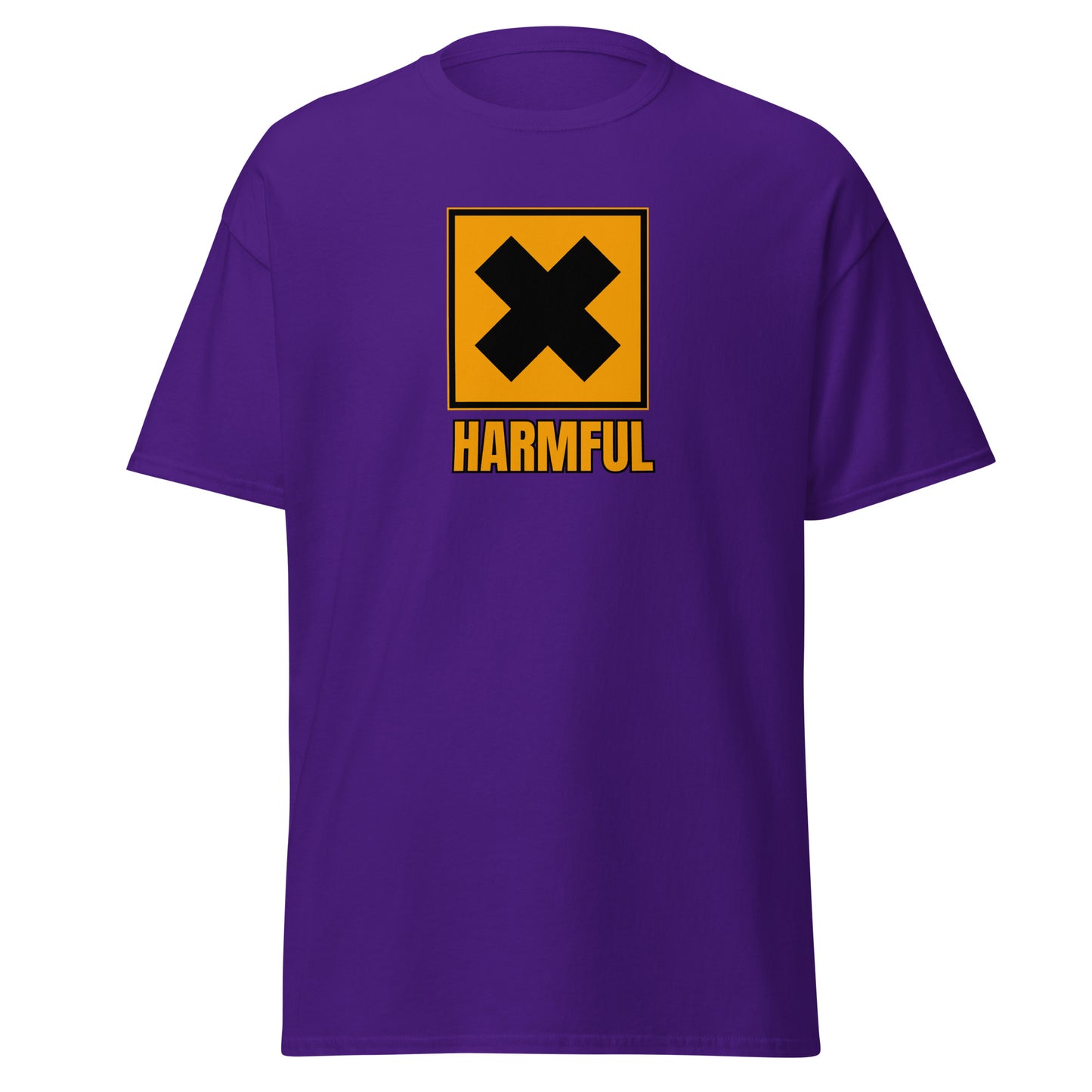 The Harmful T-Shirt by FunnyDripStore is a yellow meme shirt with a bold black X in a square above HARMFUL in black letters on the chest.