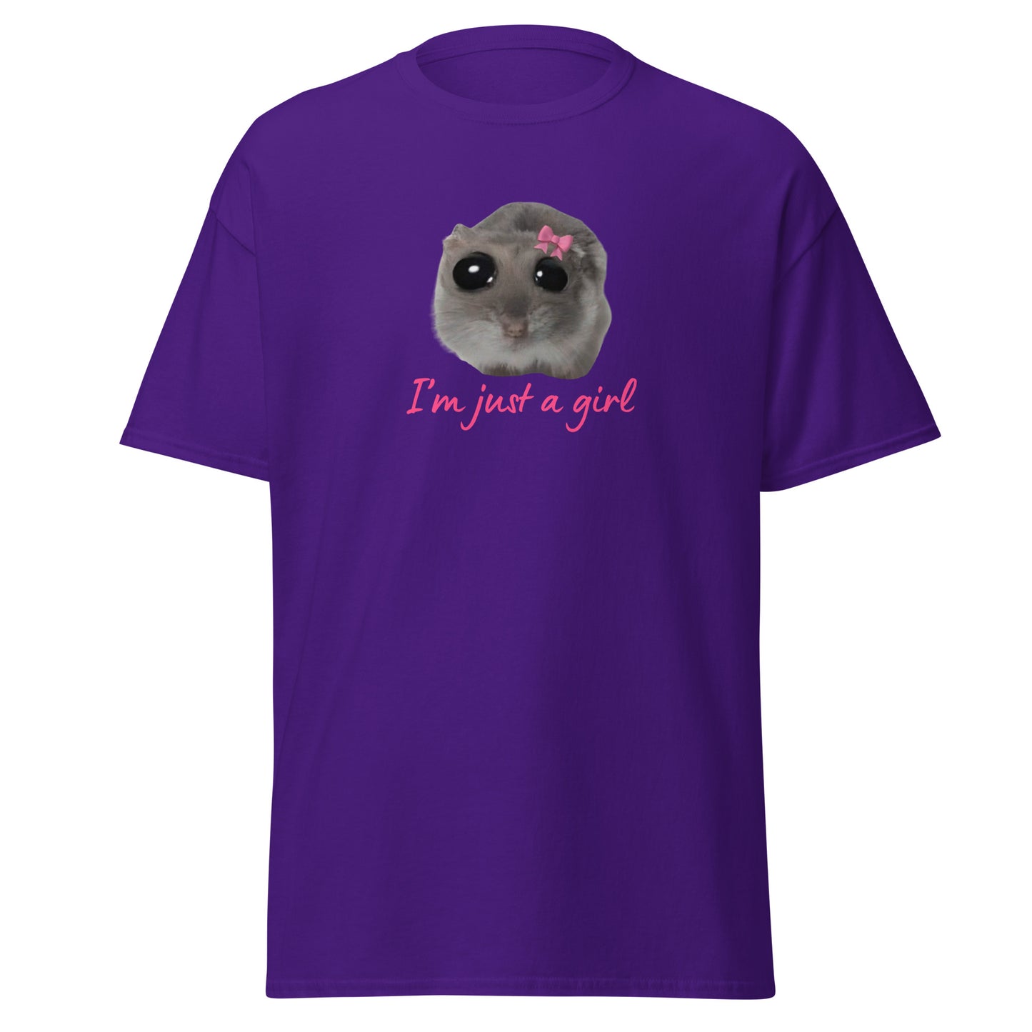 The Im Just A Girl T-Shirt from FunnyDripStore features a cute hamster with a pink bow and large eyes, plus “Im just a girl” in pink cursive—perfect for anyone who loves adorable, quirky text shirts.