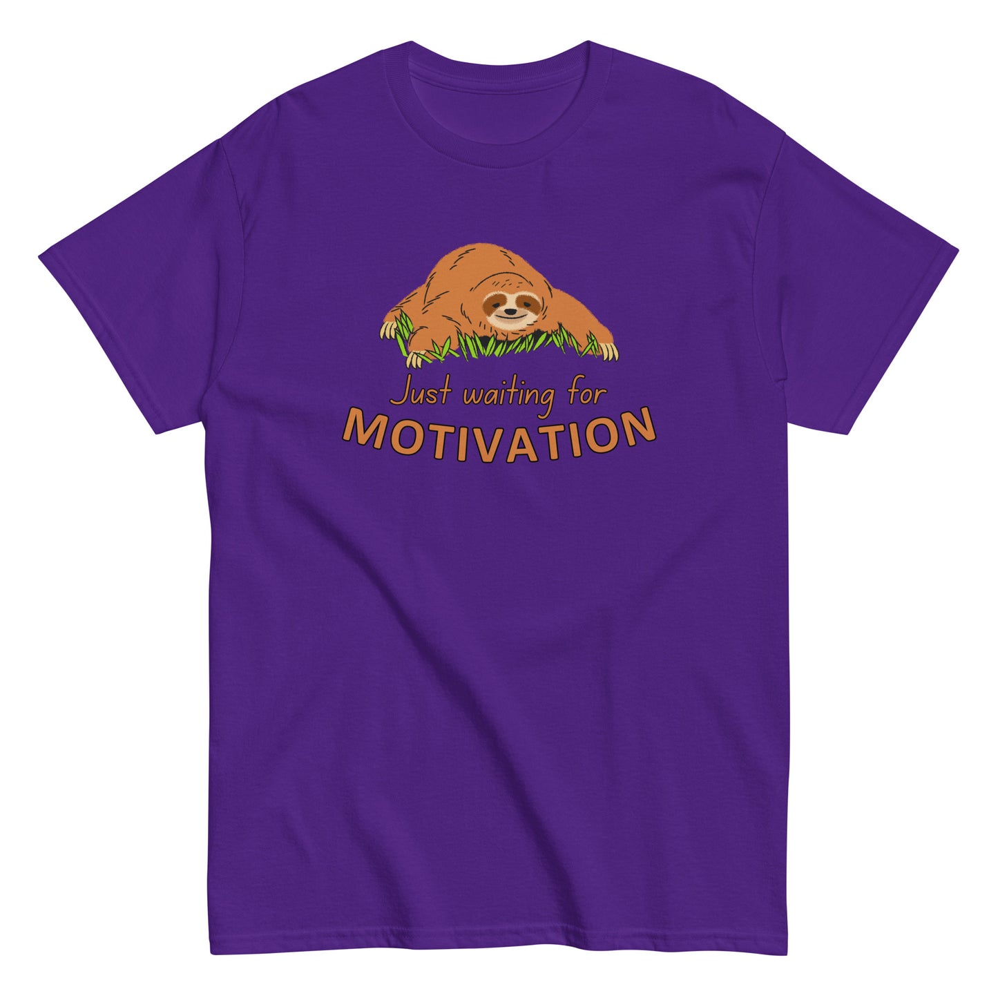 The Just Waiting For Motivation T-Shirt by FunnyDripStore features a smiling sloth on grass above bold orange and yellow text—a perfect choice for fans of funny apparel.
