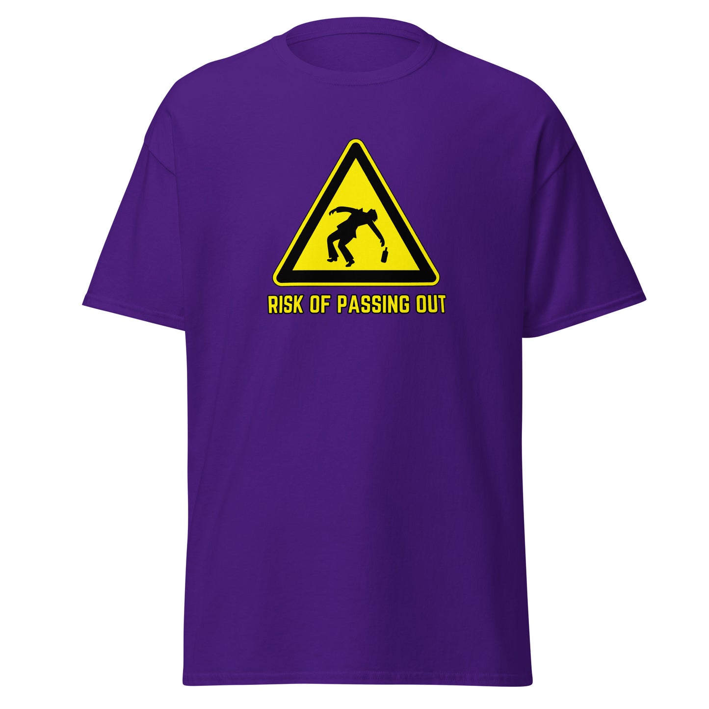 The Risk Of Passing Out T-Shirt by FunnyDripStore is a black tee with a yellow warning sign and “RISK OF PASSING OUT” text—a perfect meme shirt for fans of bold, humorous style.