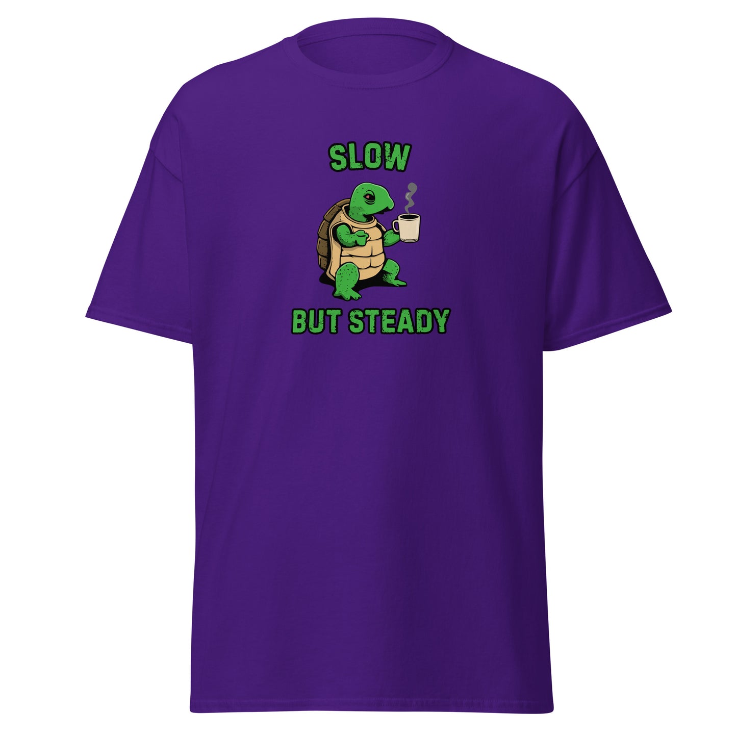 The FunnyDripStore Slow But Steady T-Shirt is a black tee with a cartoon turtle holding a coffee mug and SLOW above and BUT STEADY below in green—perfect meme shirt for coffee lovers.