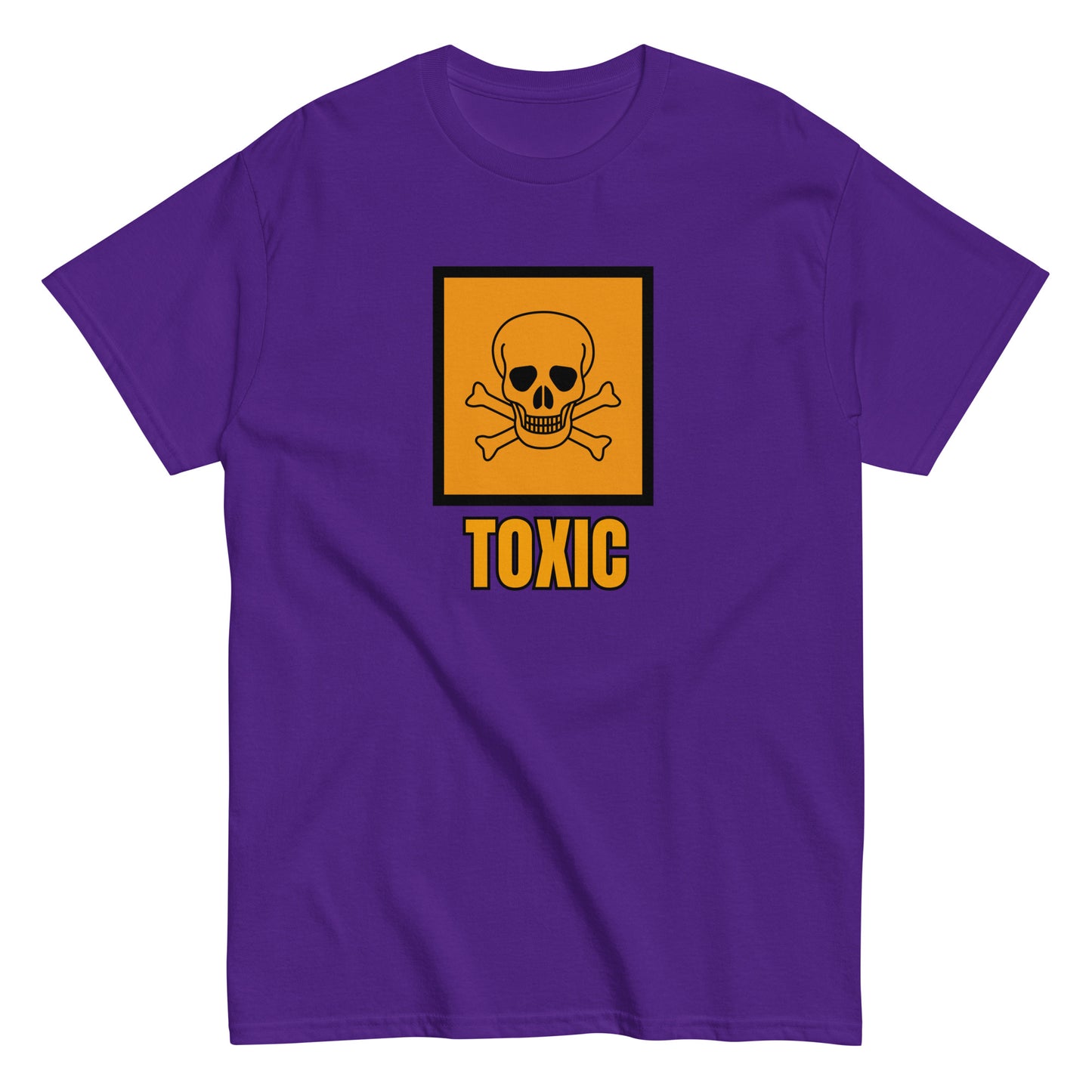 The FunnyDripStore Toxic T-Shirt features a bold yellow square with a black skull and crossbones above TOXIC in yellow on the front. This black meme shirt is perfect for those who love humorous clothing.