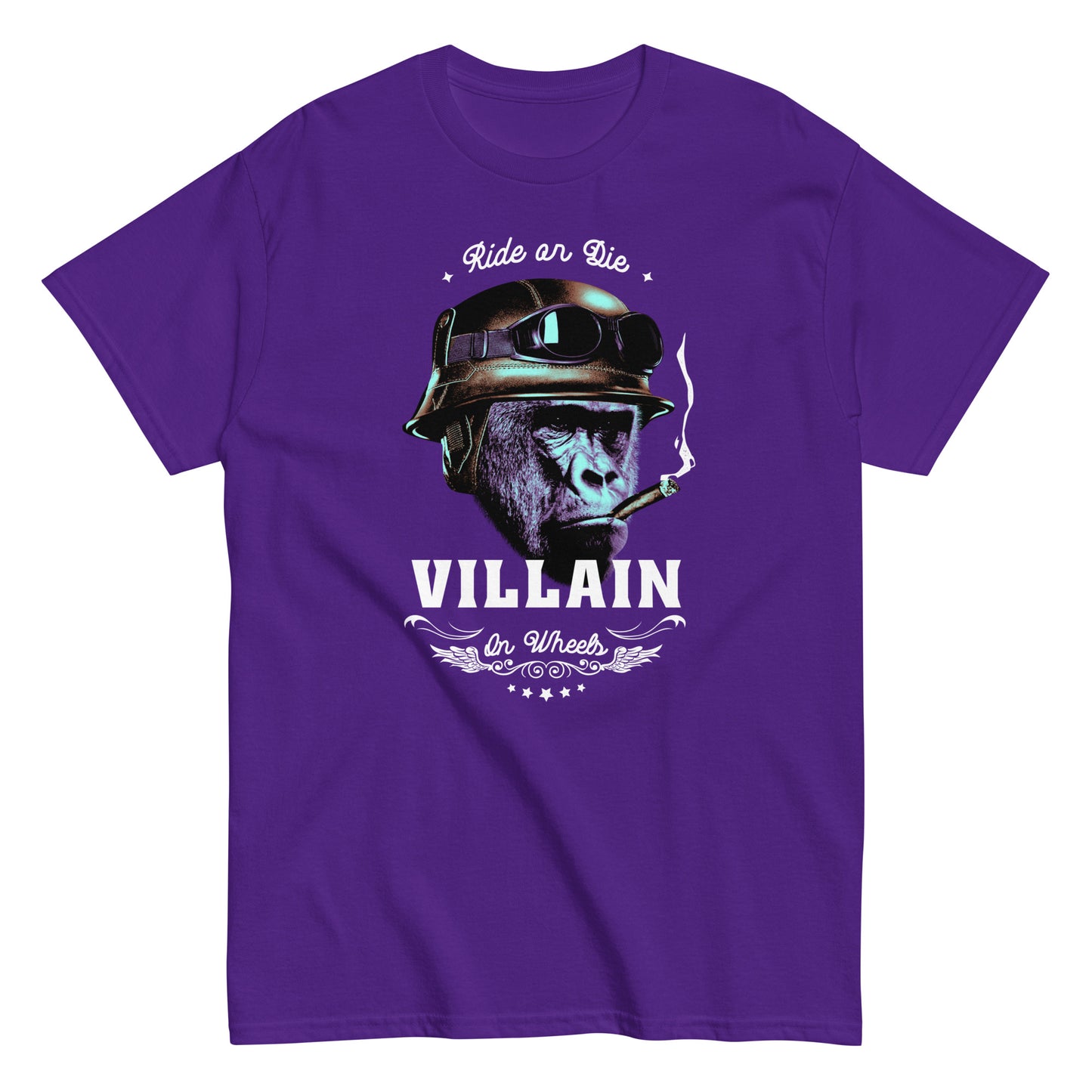 The Villain T-Shirt by FunnyDripStore features a gorilla in a helmet and goggles, smoking a cigarette, with Ride or Die above and Villain on Wheels below. This bold black tee is perfect for fans of unique, funny clothing.