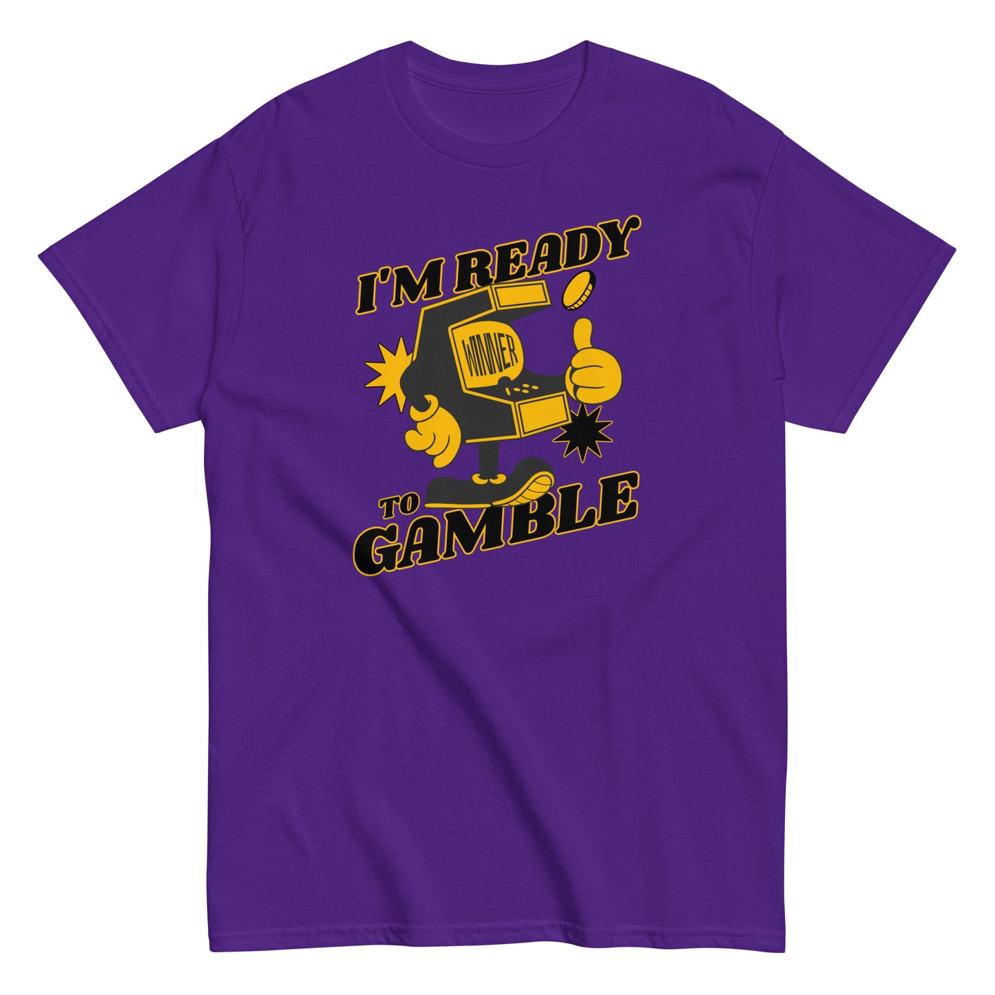 The Im Ready To Gamble T-Shirt by FunnyDripStore comes in gold and features a cartoon slot machine giving a thumbs up with coins, stars, and bold IM READY TO GAMBLE text—perfect for fans of unique and funny clothing.